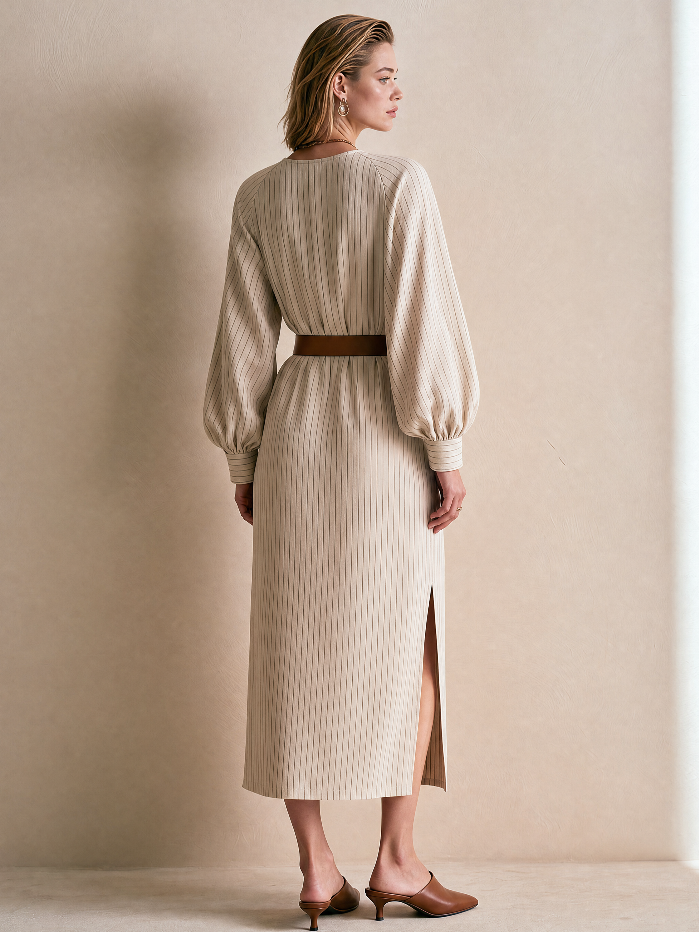 Elegant Ivory Brown Pinstripe Keyhole Midi Dress