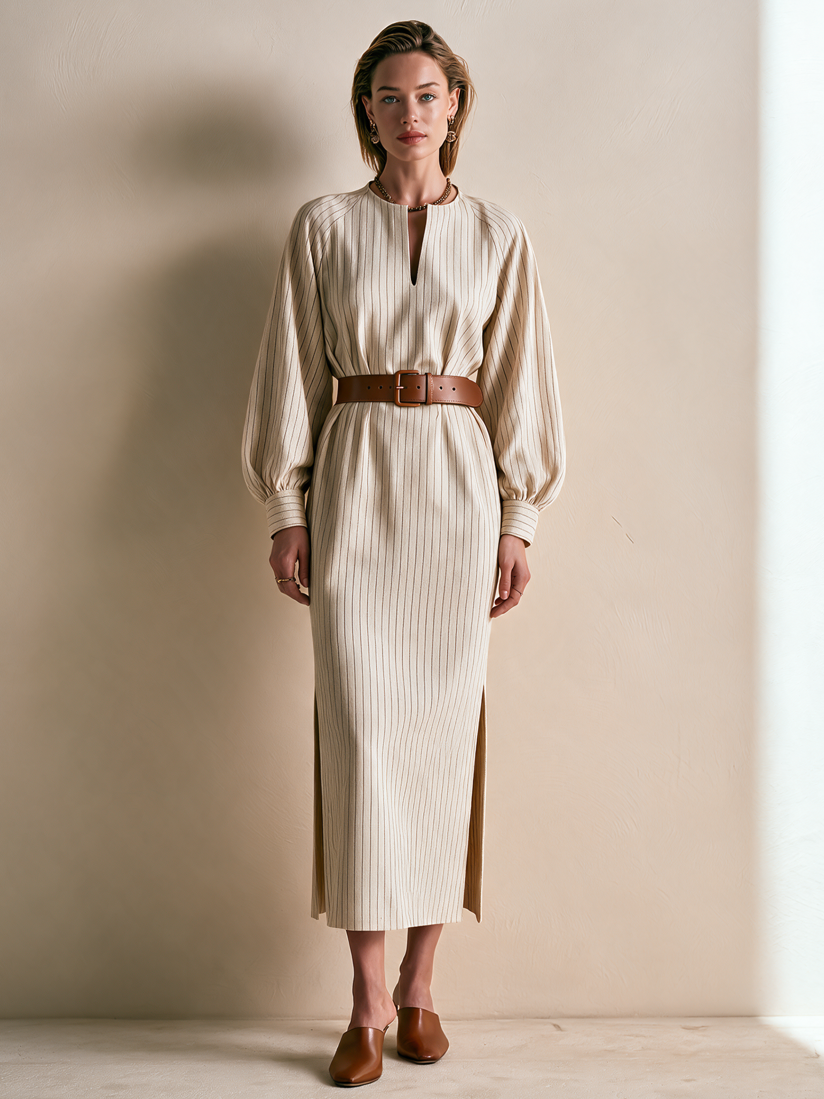 Elegant Ivory Brown Pinstripe Keyhole Midi Dress