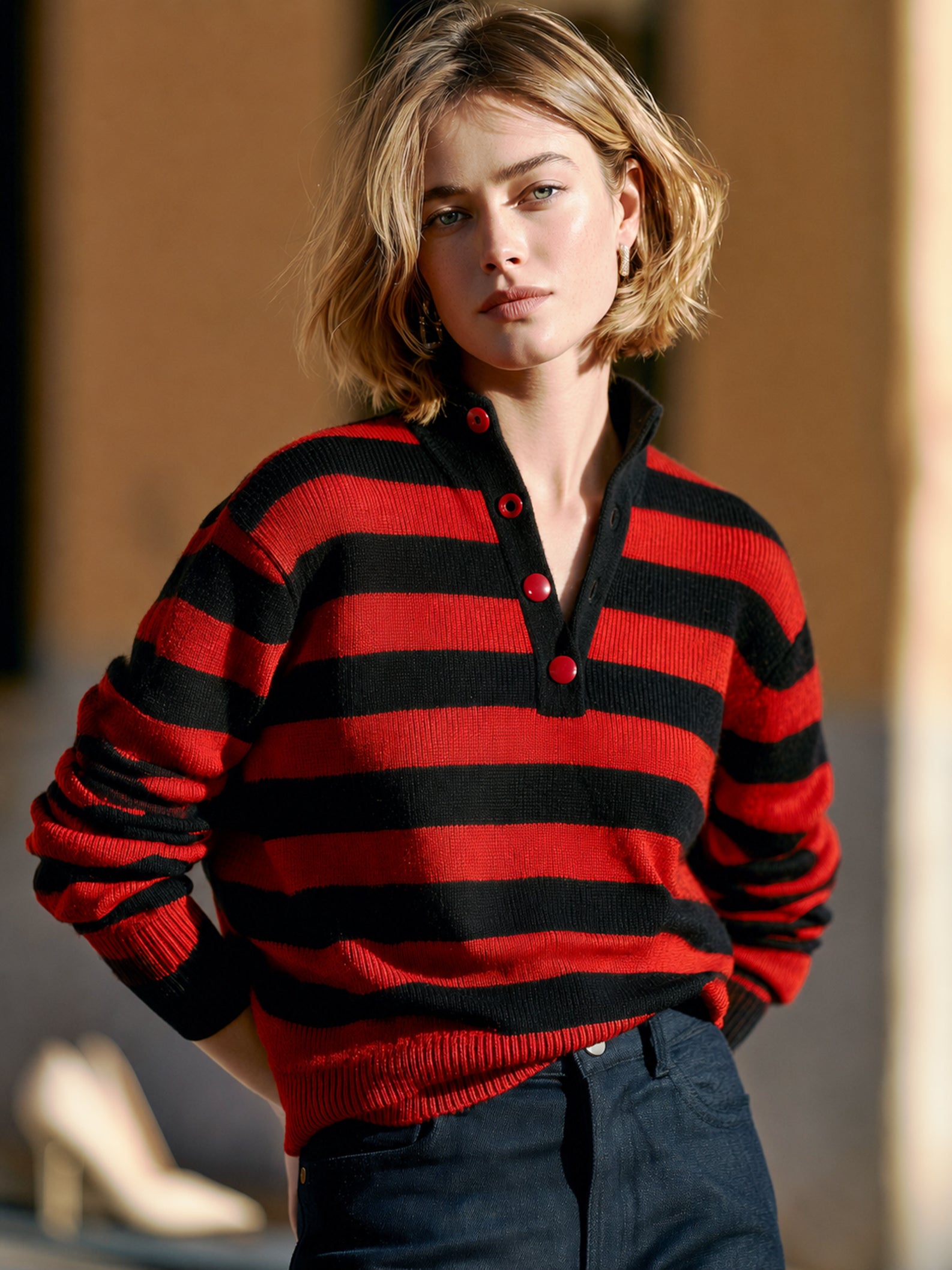 Red And Black Striped Knit Polo Shirt With A Stand-up Collar