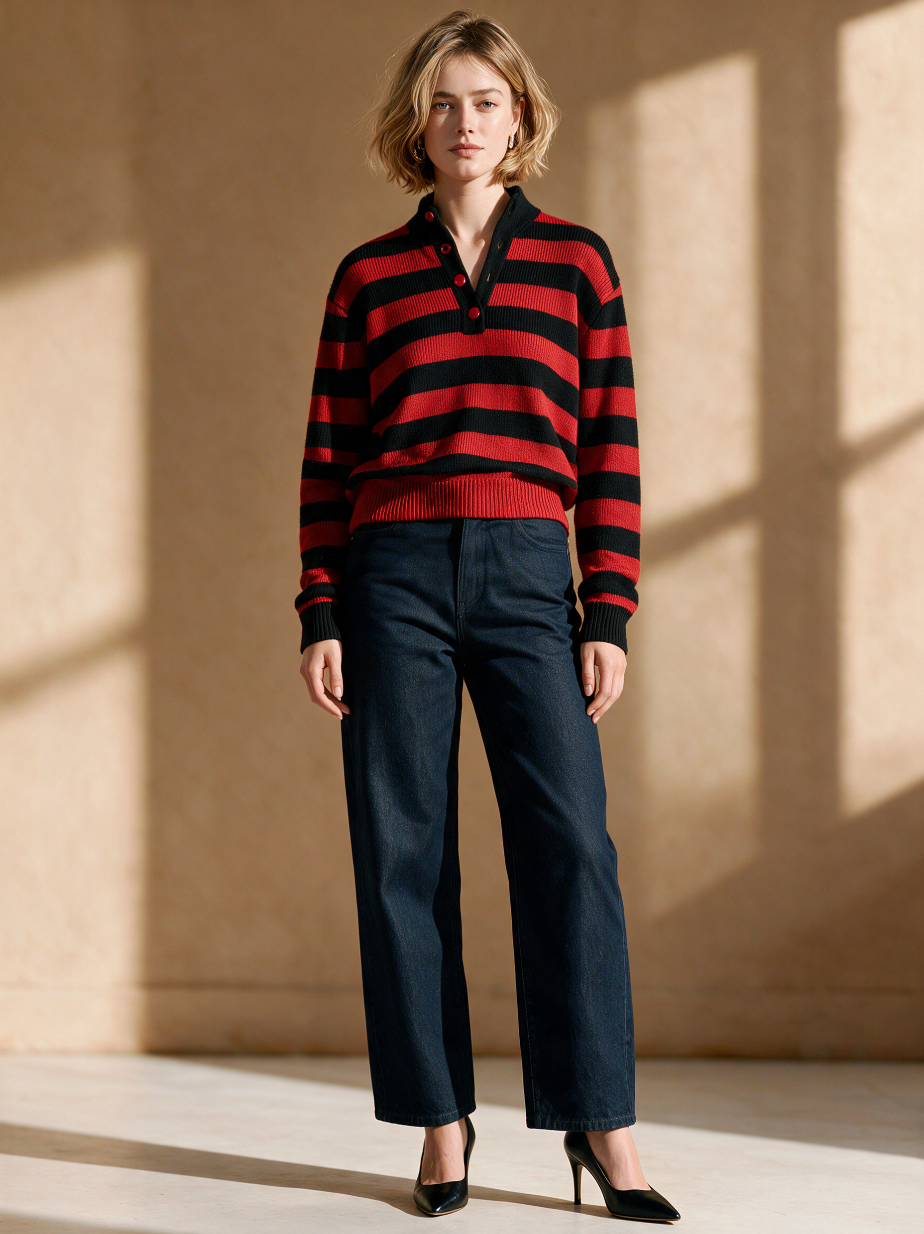 Red And Black Striped Knit Polo Shirt With A Stand-up Collar