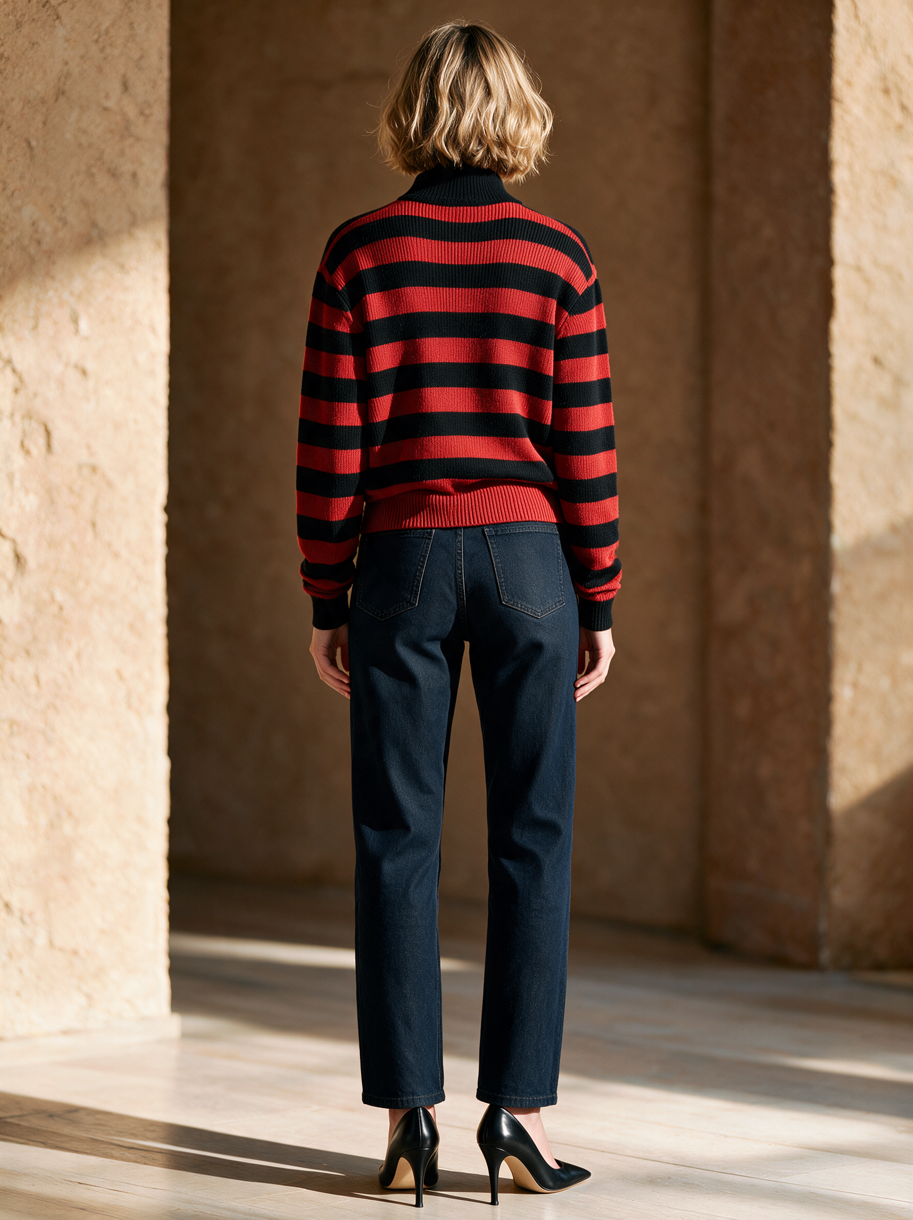 Red And Black Striped Knit Polo Shirt With A Stand-up Collar