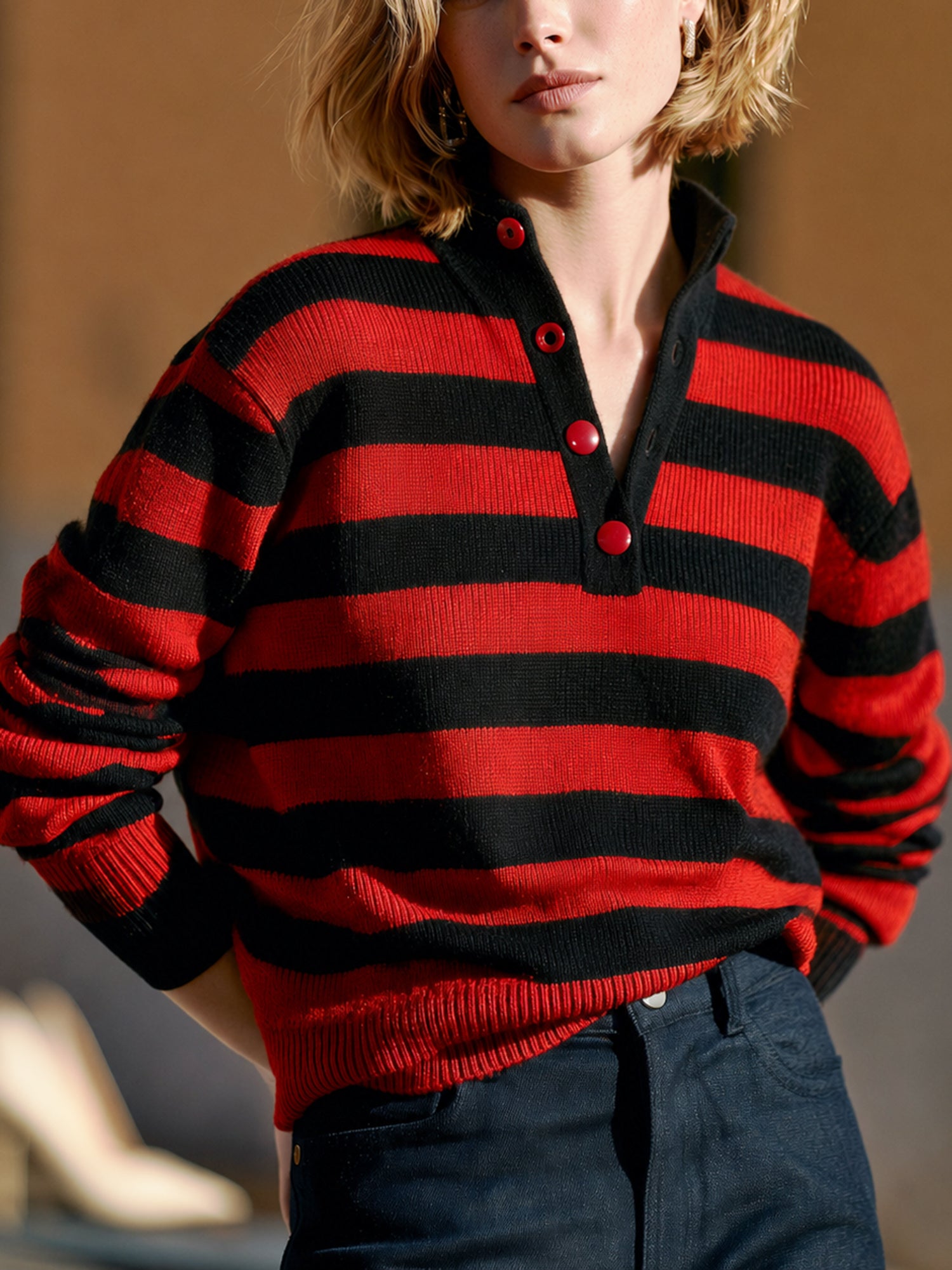 Red And Black Striped Knit Polo Shirt With A Stand-up Collar