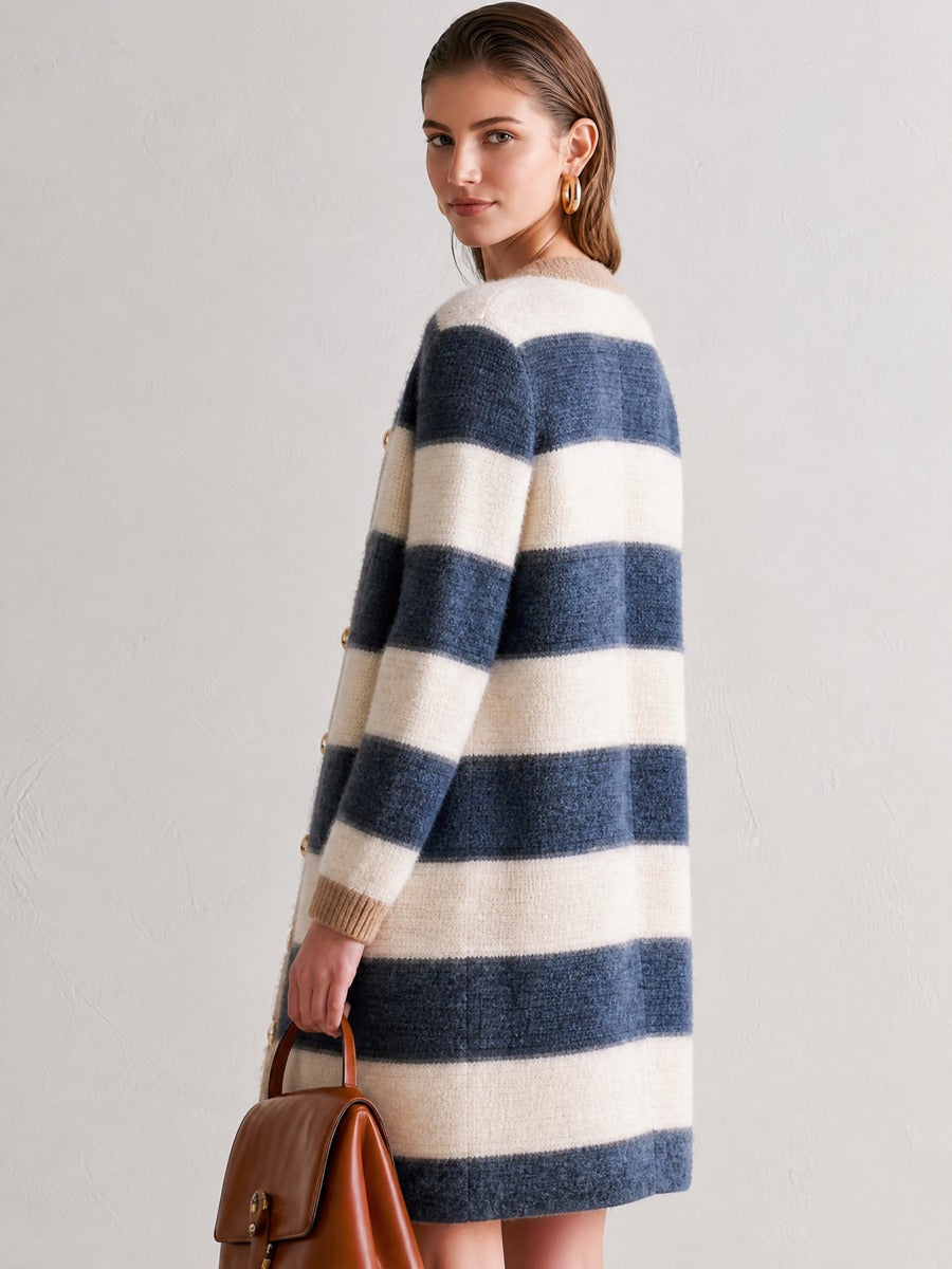 Color‑Block Plaid Gold‑Button Mid‑Length Knit Cardigan