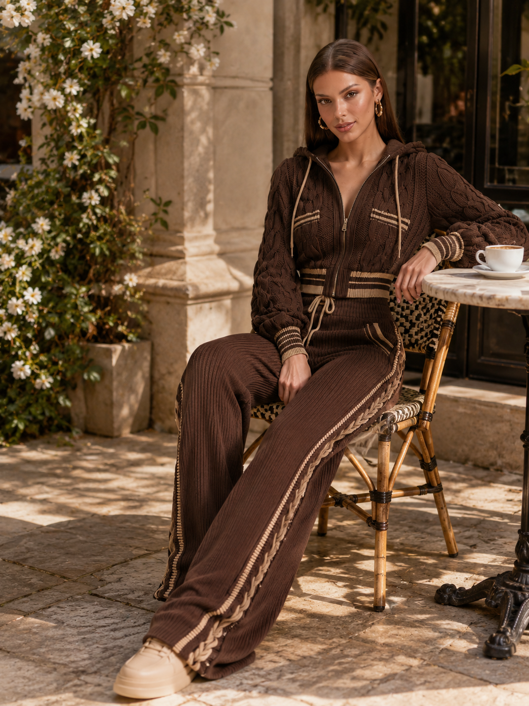 Chocolate Ribbed Knit Wide-Leg Pants With Drawstring Waist And Contrast Side Trim