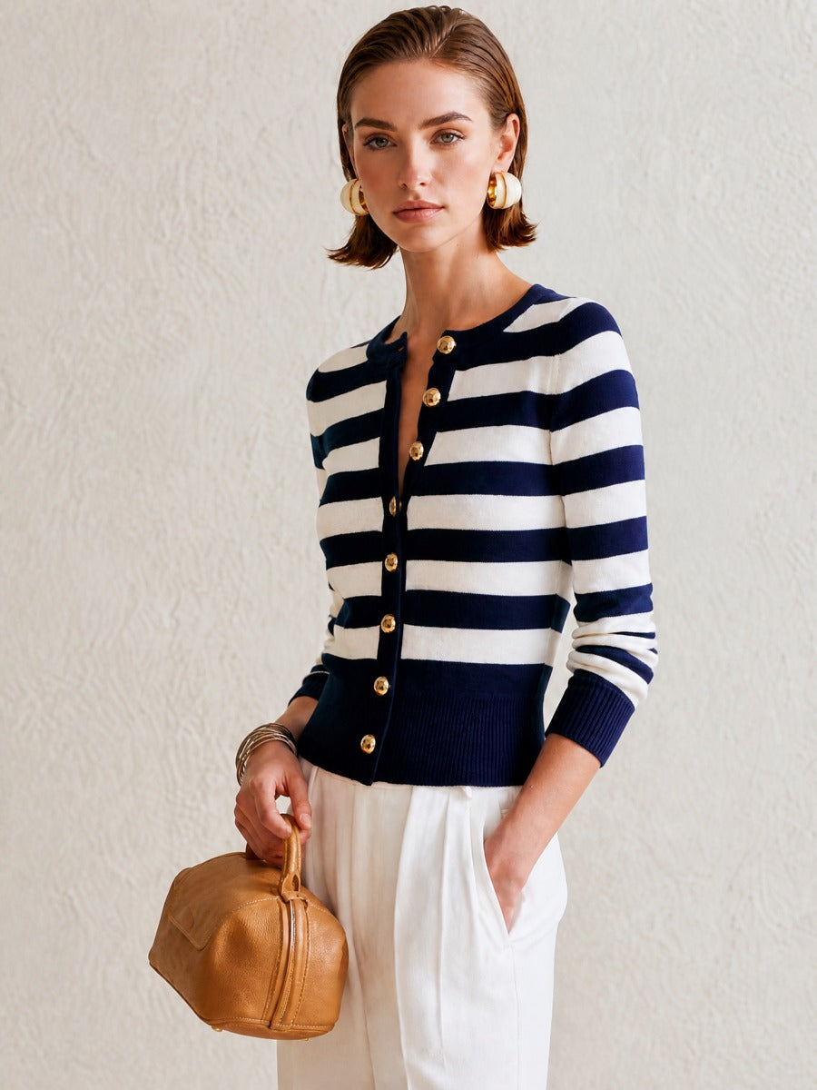 Navy‑Ivory Stripe Gold‑Button Cropped Knit Cardigan