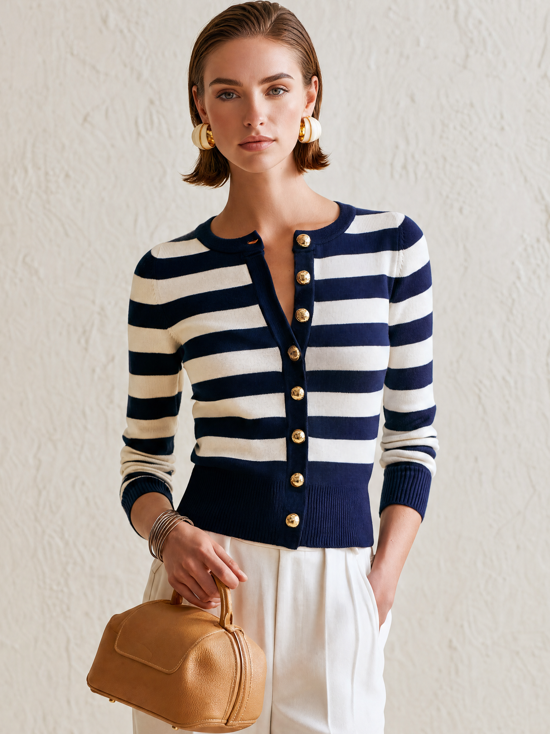 Navy‑Ivory Stripe Gold‑Button Cropped Knit Cardigan