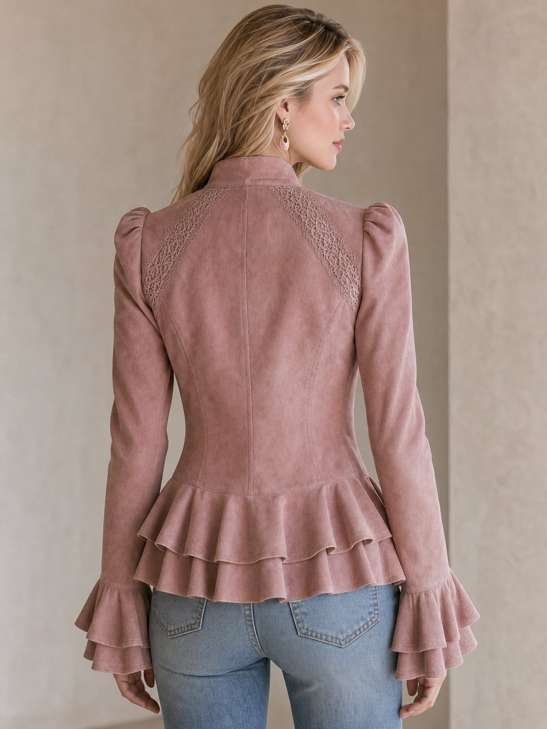 Suede‑Effect Peplum Jacket Coat