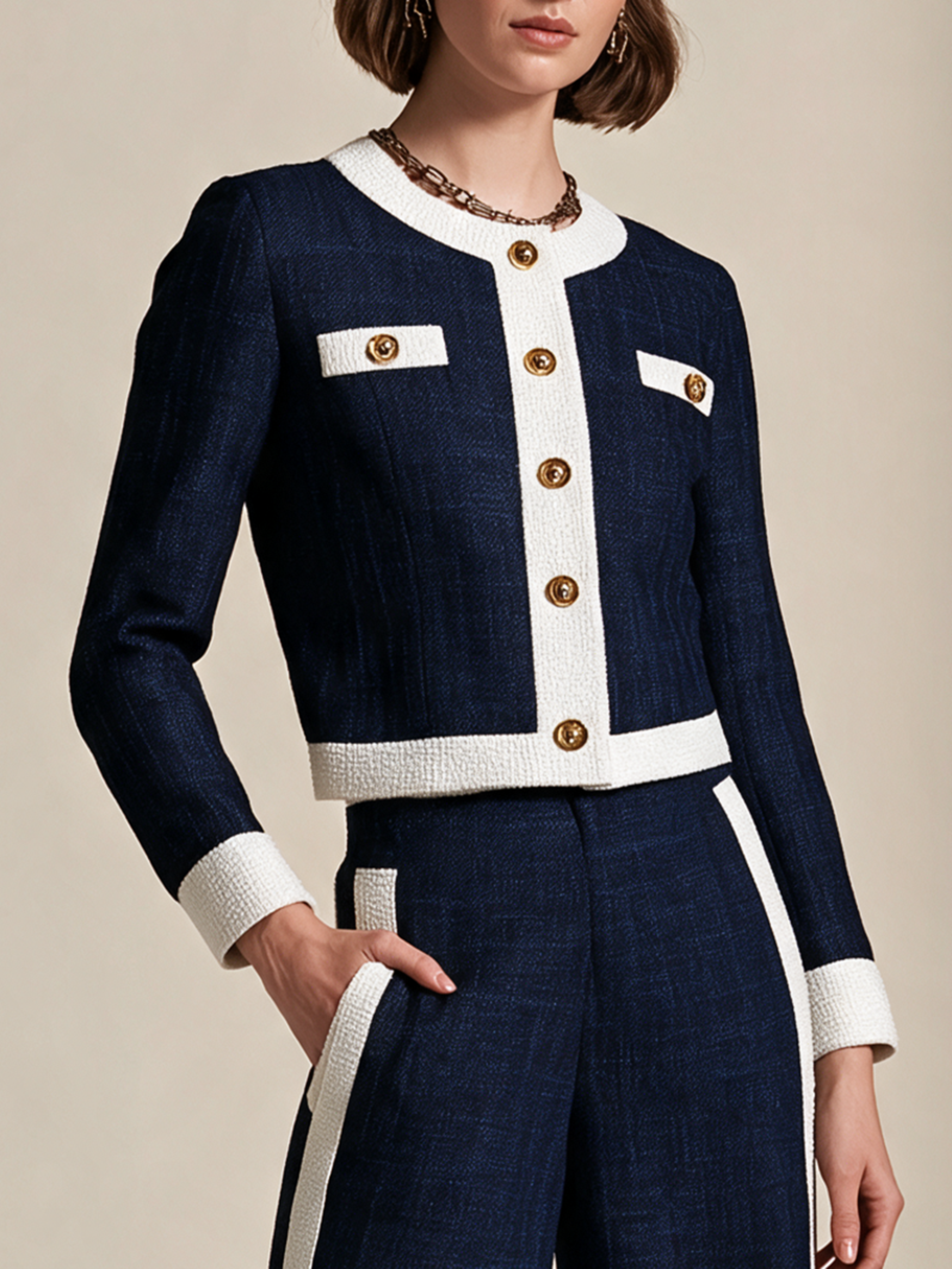 Elegant Navy & Ivory Contrast Tweed Cardigan Jacket