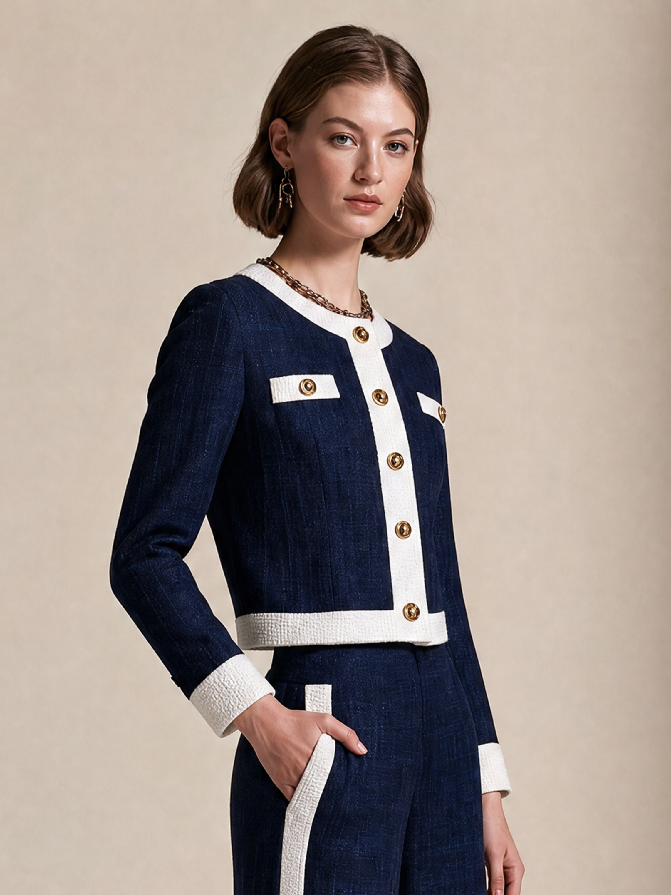 Elegant Navy & Ivory Contrast Tweed Cardigan Jacket