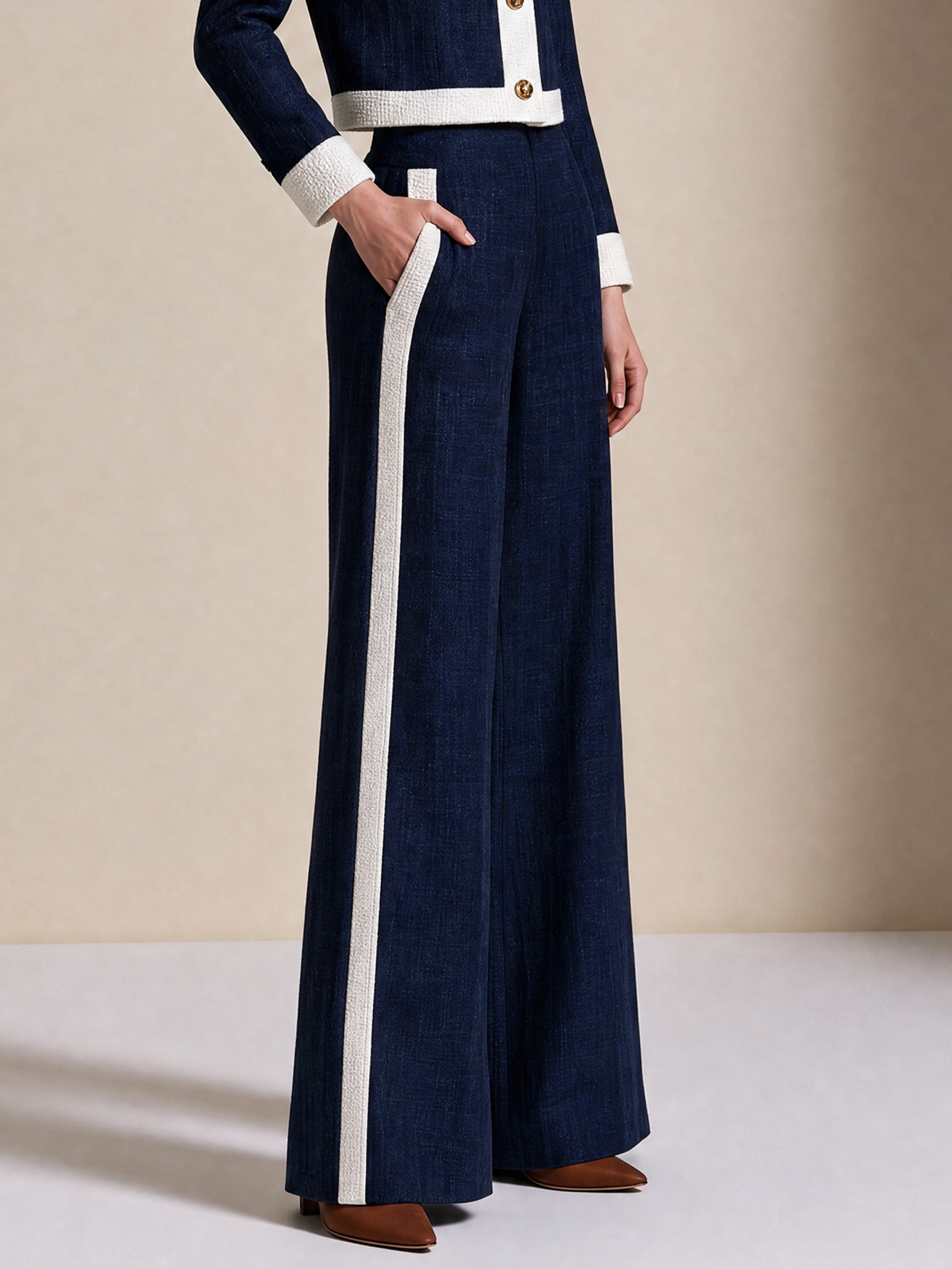 Elegant Navy & Ivory Contrast Tweed Wide-Leg Pants
