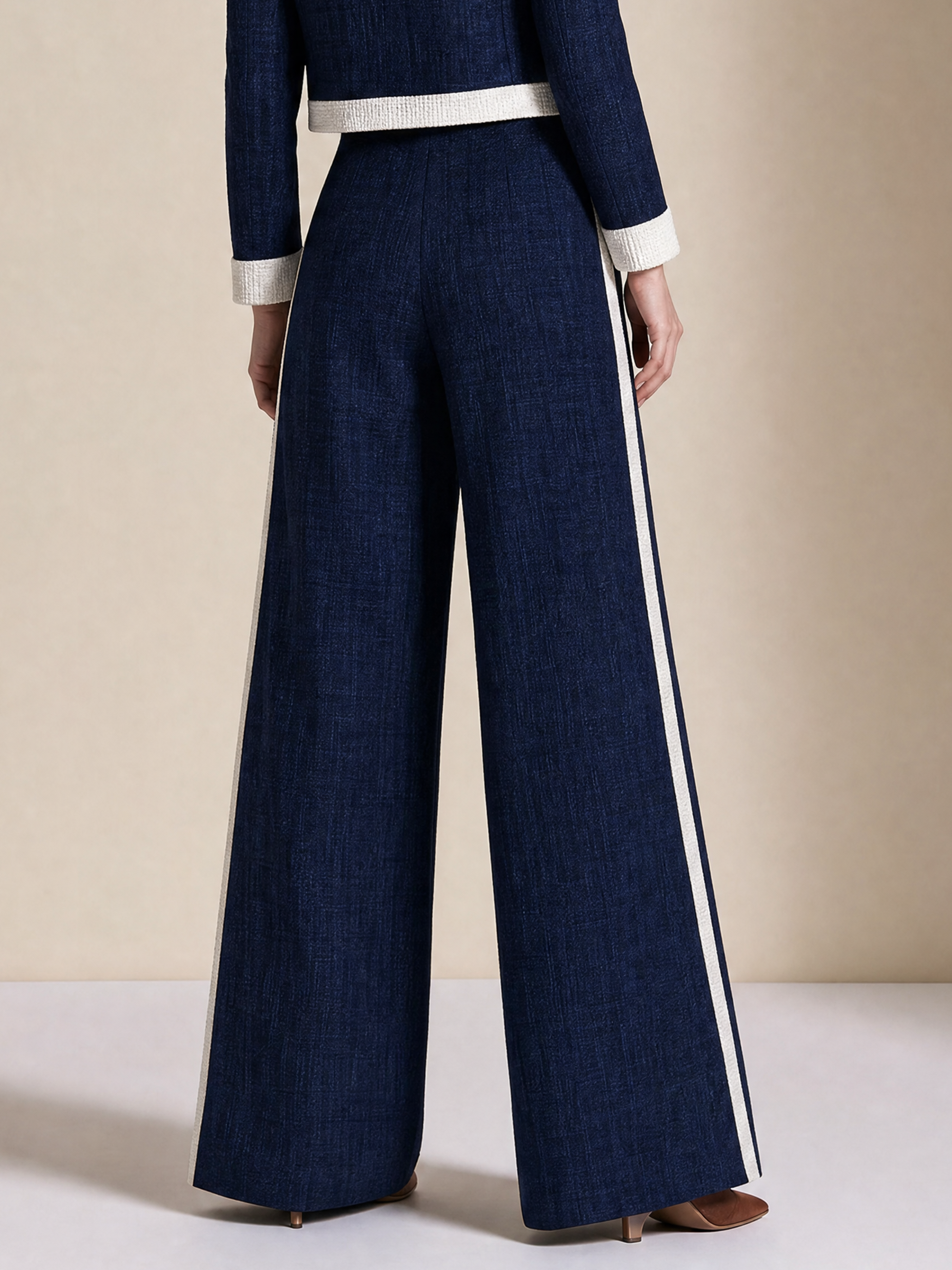 Elegant Navy & Ivory Contrast Tweed Wide-Leg Pants