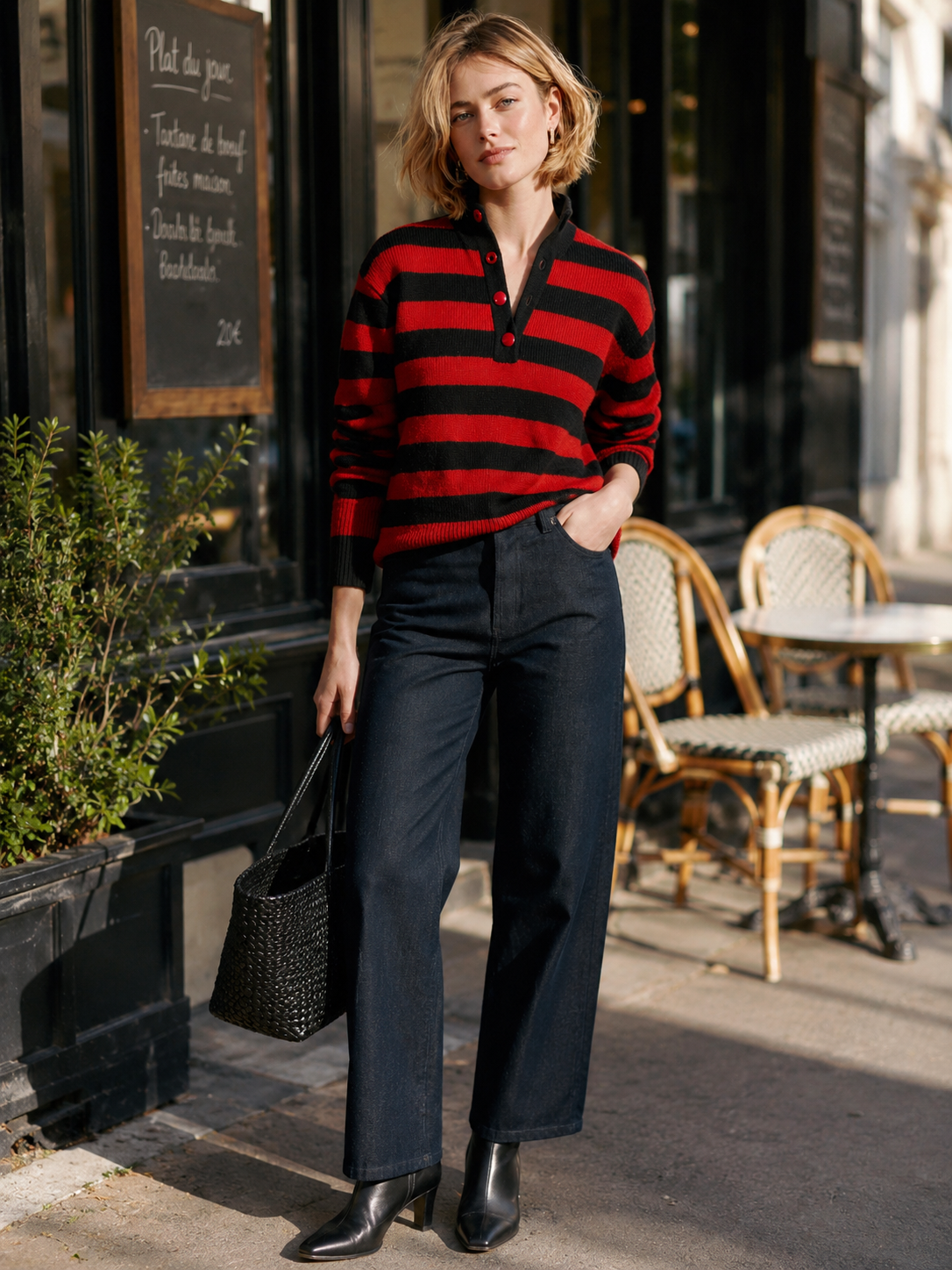Red And Black Striped Knit Polo Shirt With A Stand-up Collar