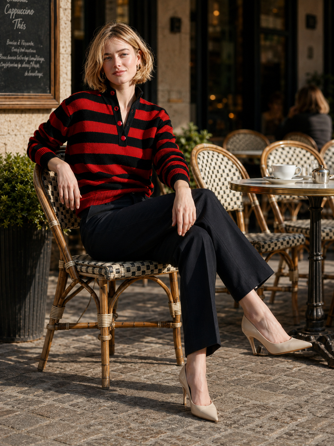 Red And Black Striped Knit Polo Shirt With A Stand-up Collar
