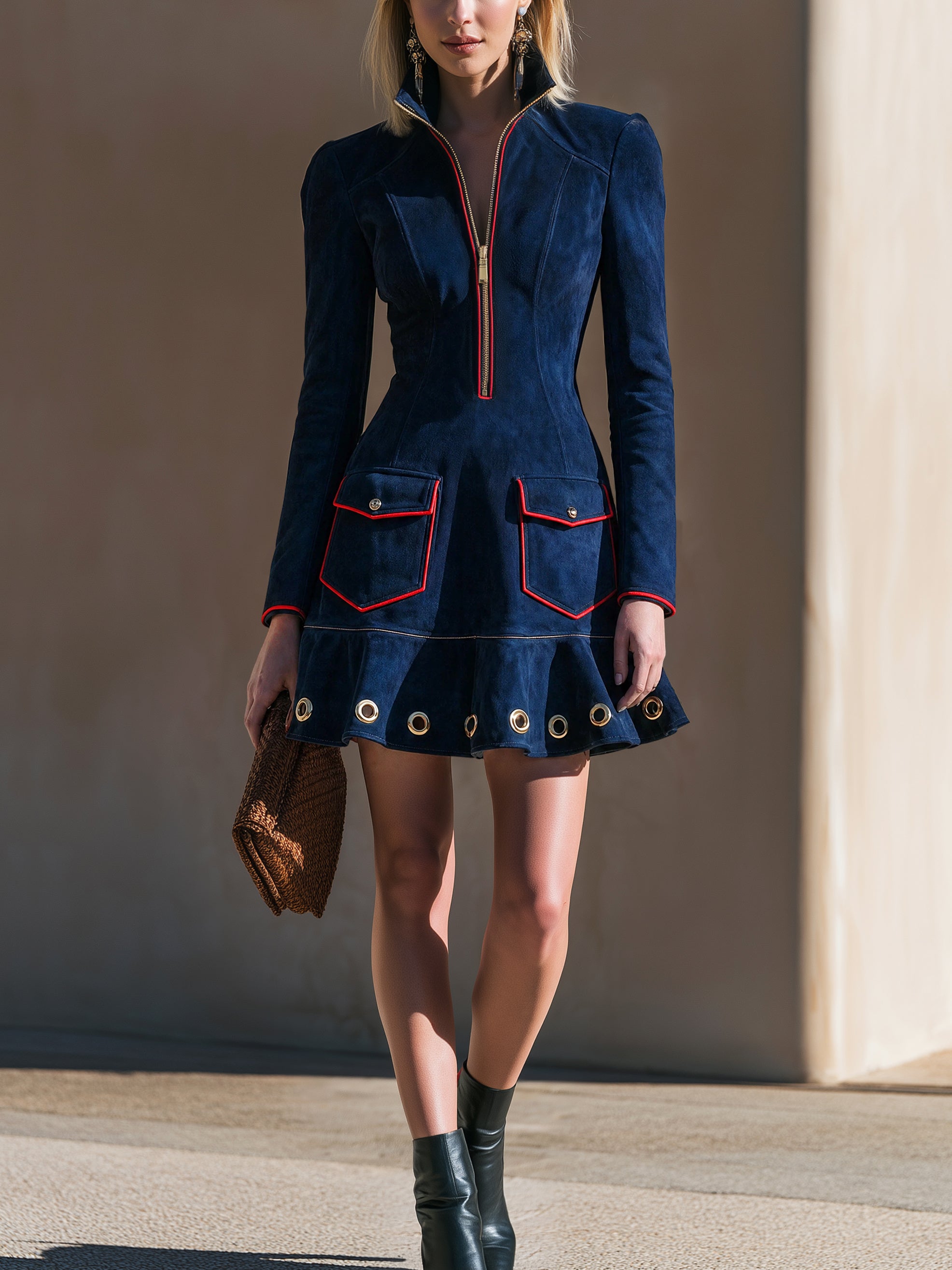 Suede‑Effect Stand Collar Mini Dress