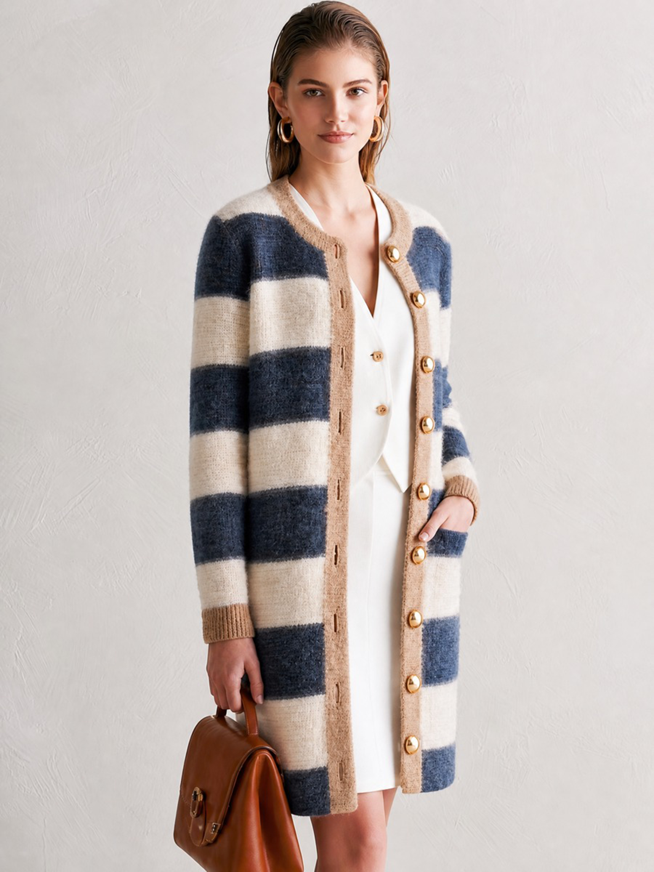 Color‑Block Plaid Gold‑Button Mid‑Length Knit Cardigan