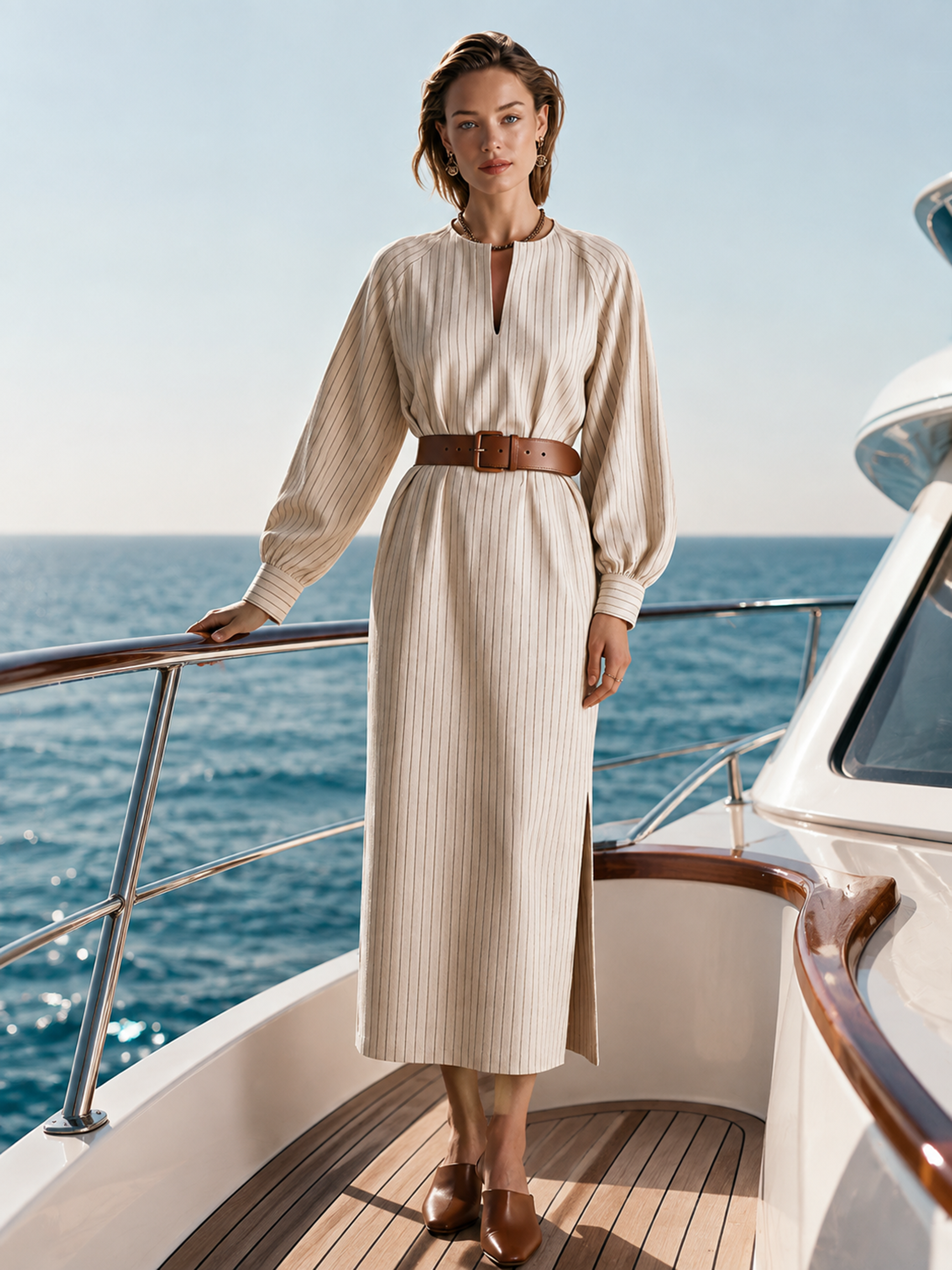 Elegant Ivory Brown Pinstripe Keyhole Midi Dress