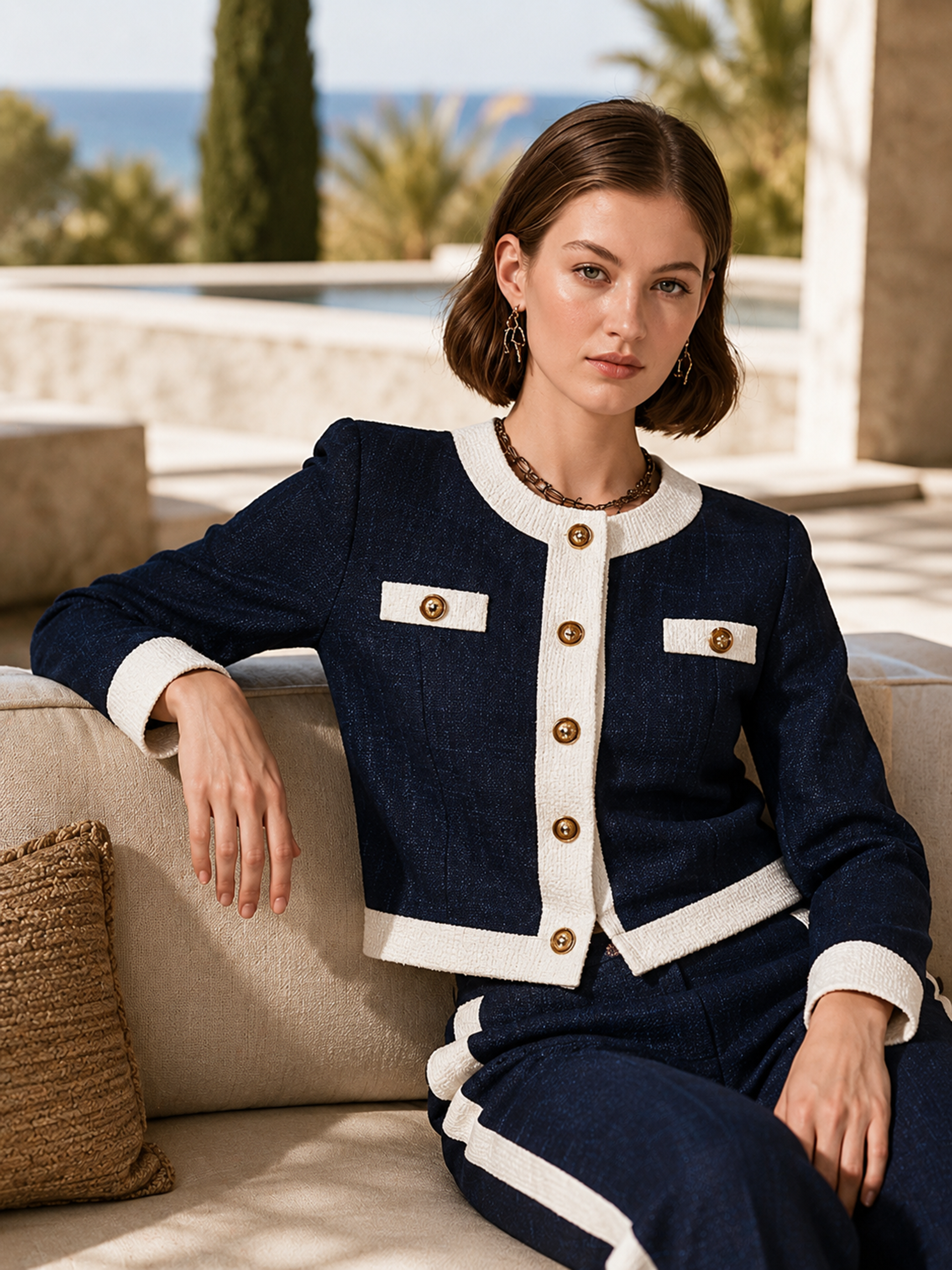 Elegant Navy & Ivory Contrast Tweed Cardigan Jacket