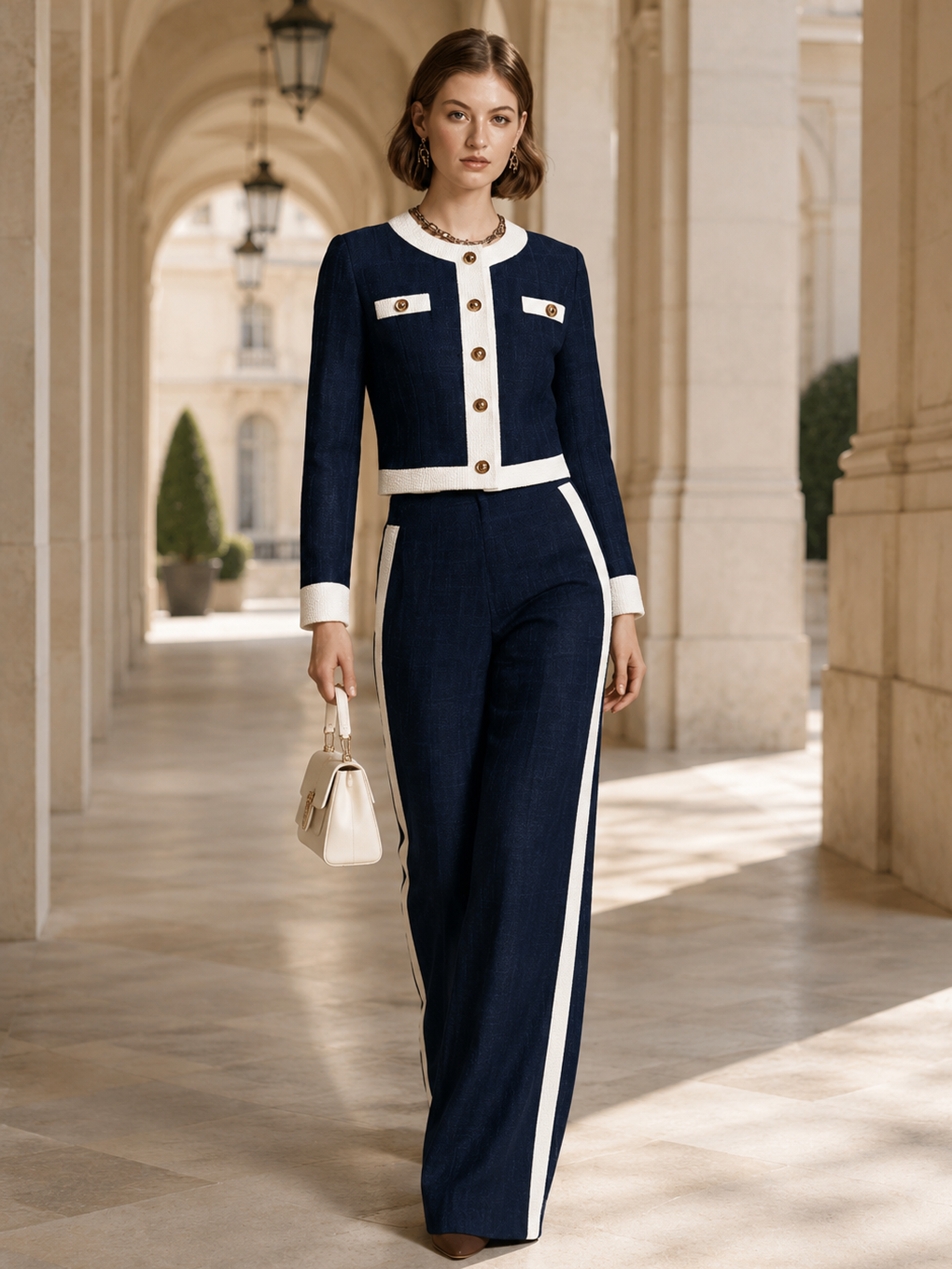 Elegant Navy & Ivory Contrast Tweed Wide-Leg Pants