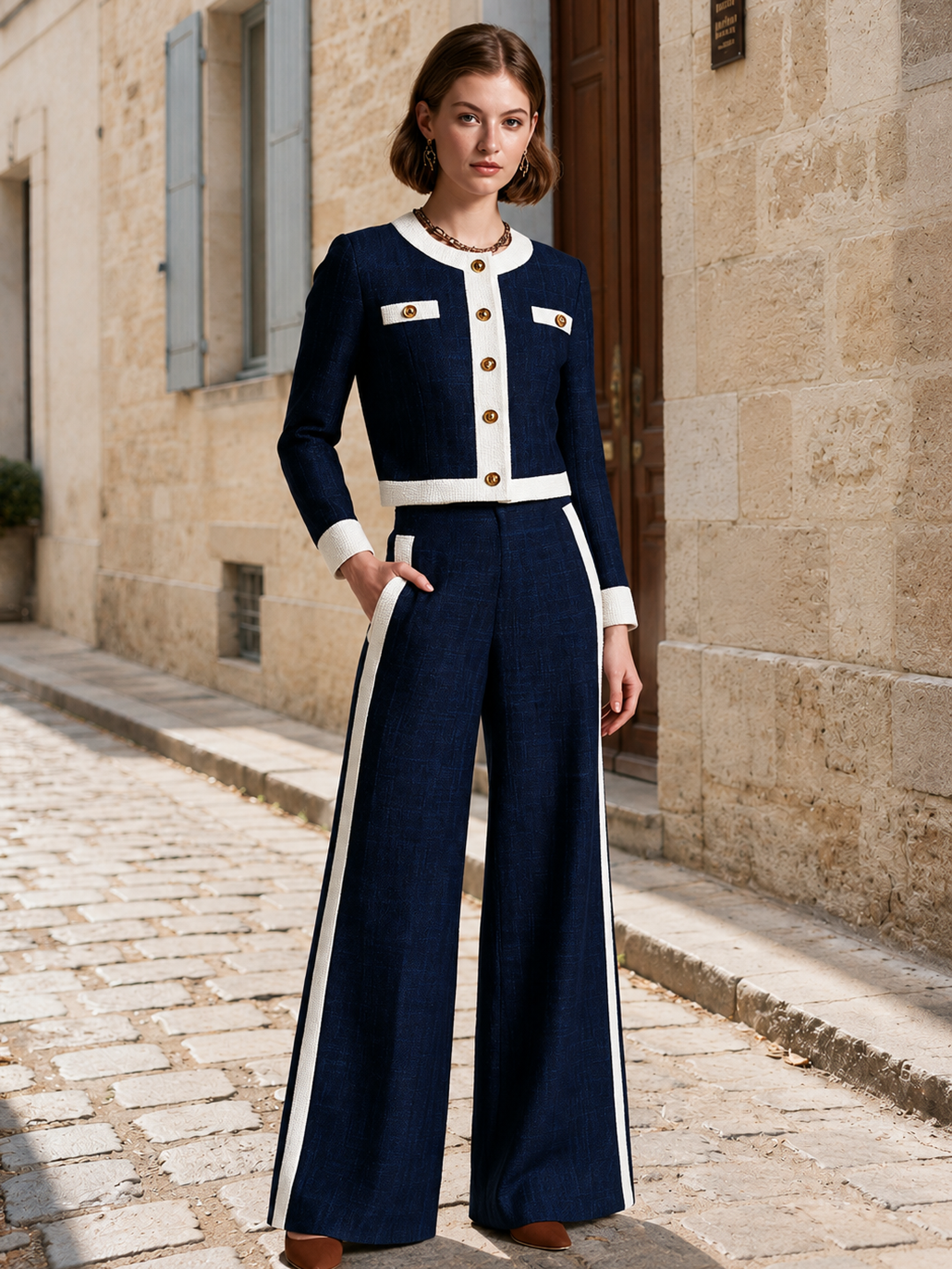 Elegant Navy & Ivory Contrast Tweed Wide-Leg Pants