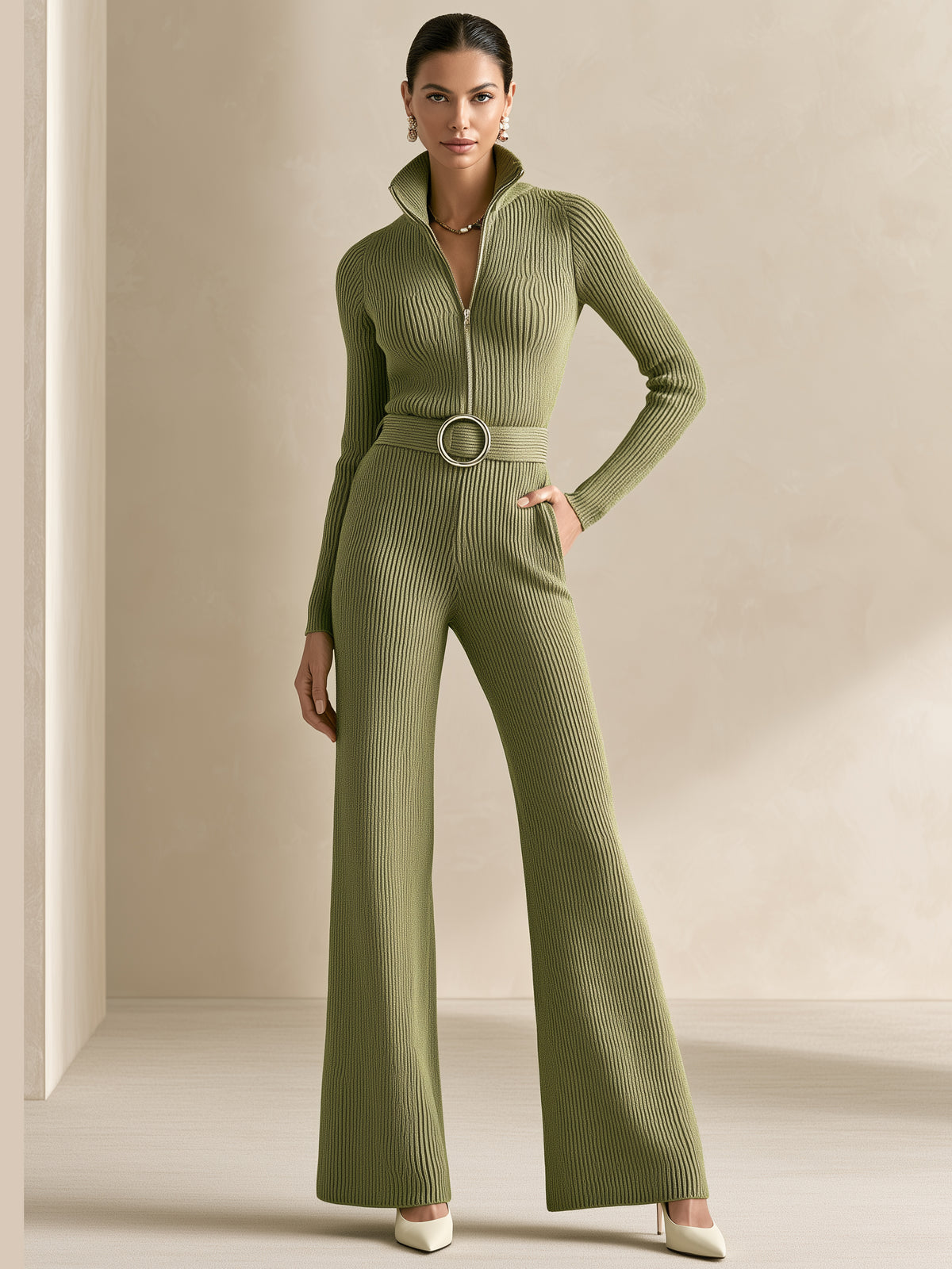 Elegant Green Ribbed Knit Jumpsuit