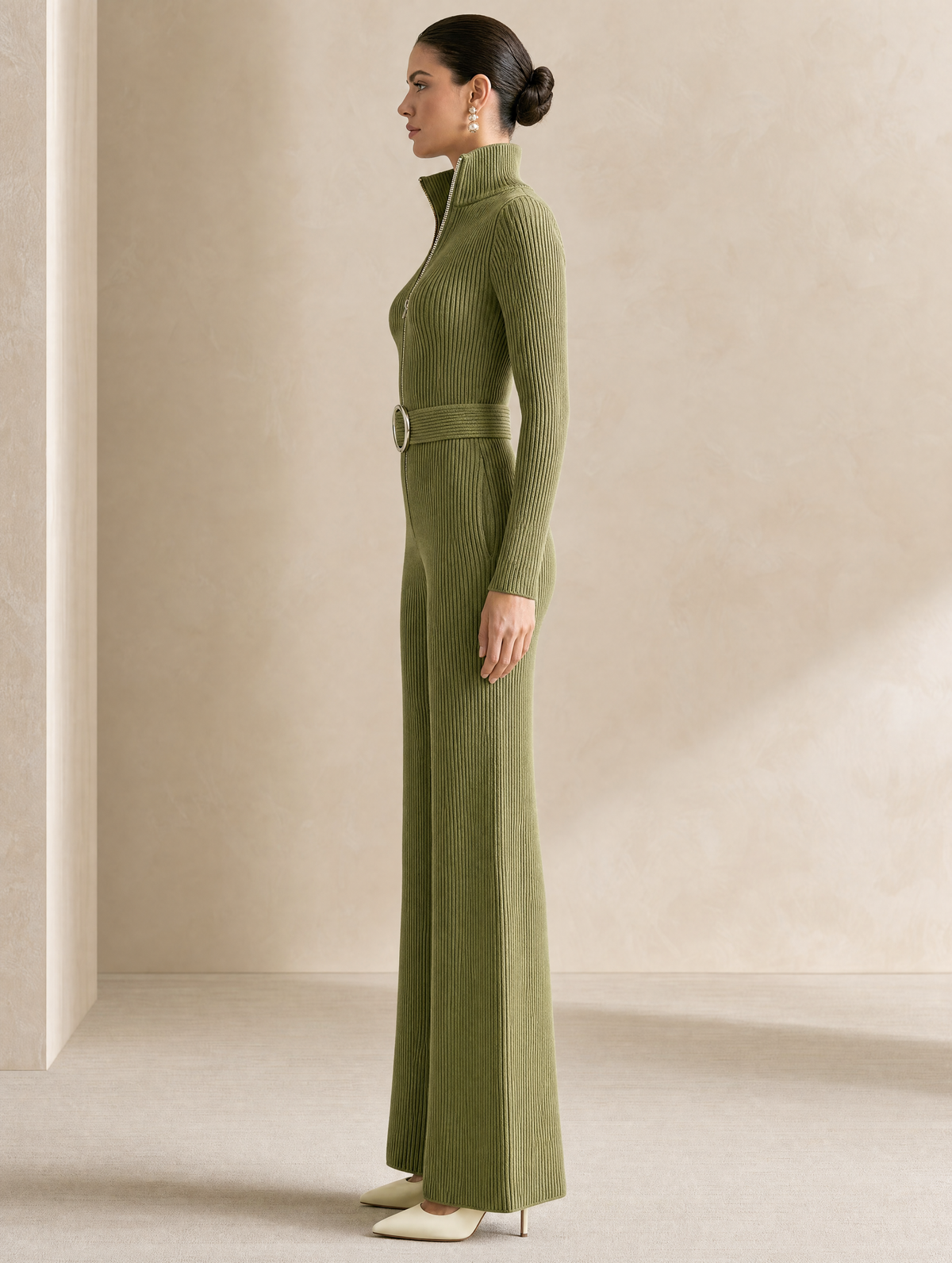 Elegant Green Ribbed Knit Jumpsuit