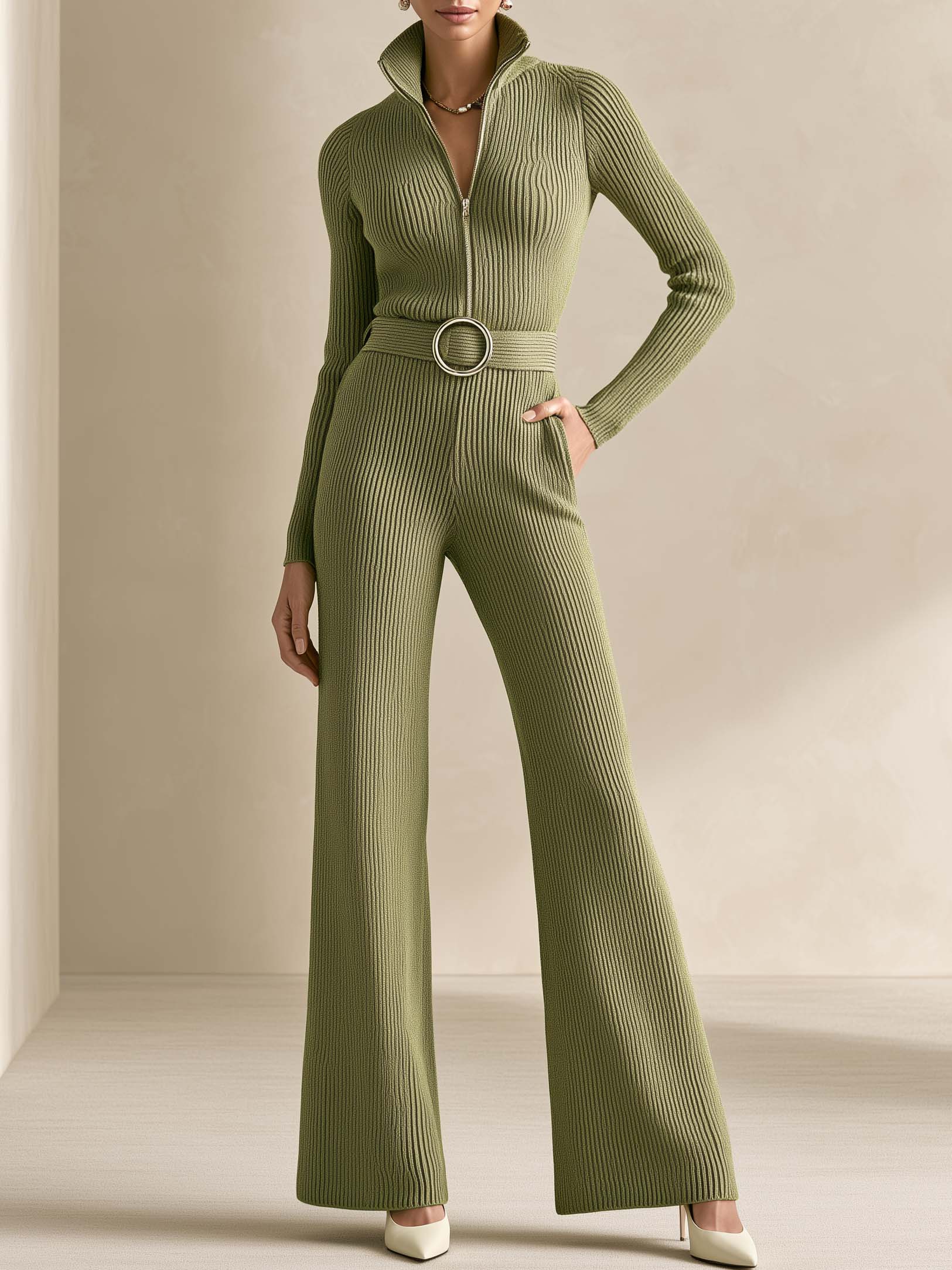 Elegant Green Ribbed Knit Jumpsuit