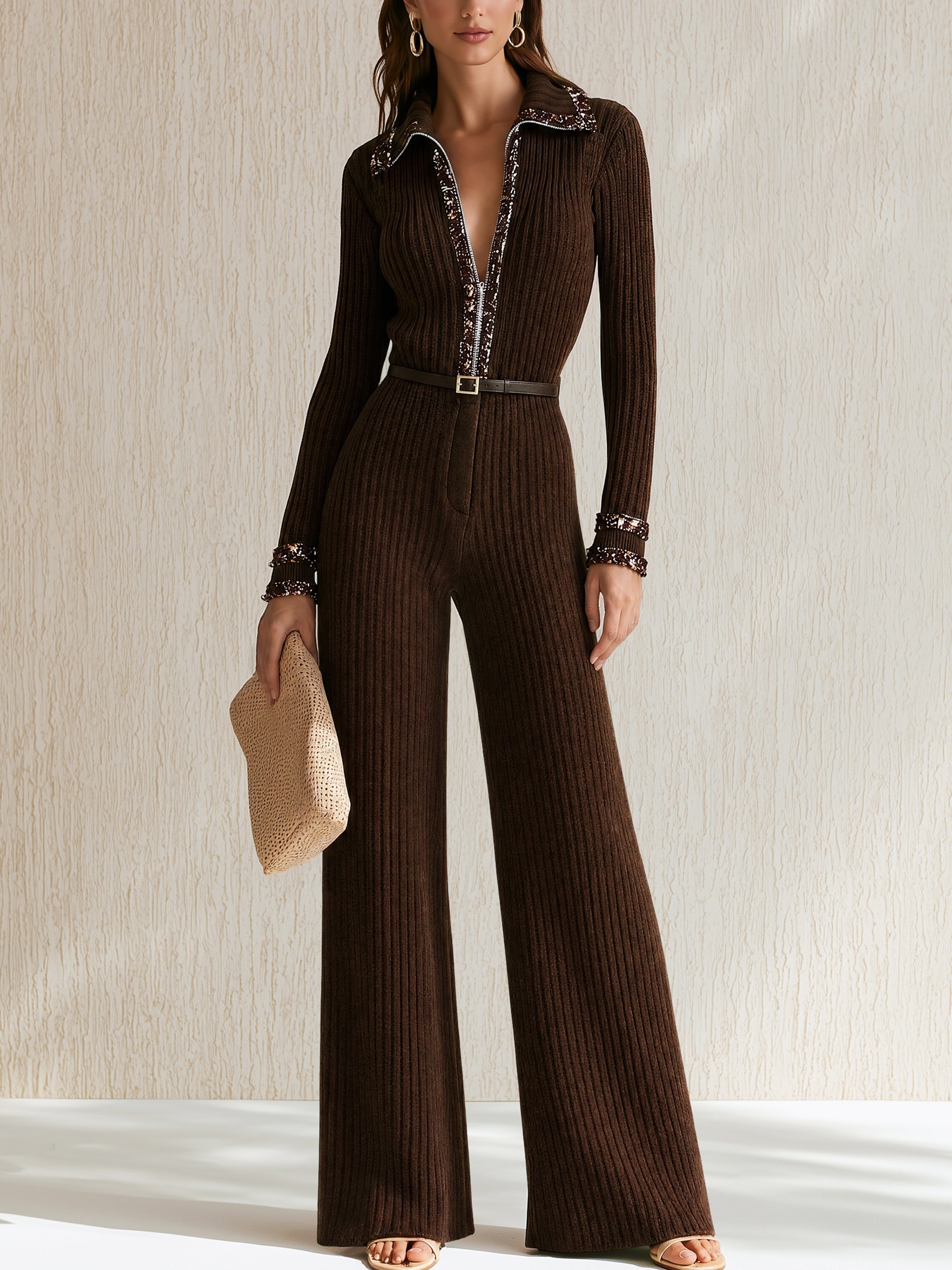 Ribbed Knit Zip‑Up Collar Long‑Sleeve Jumpsuit