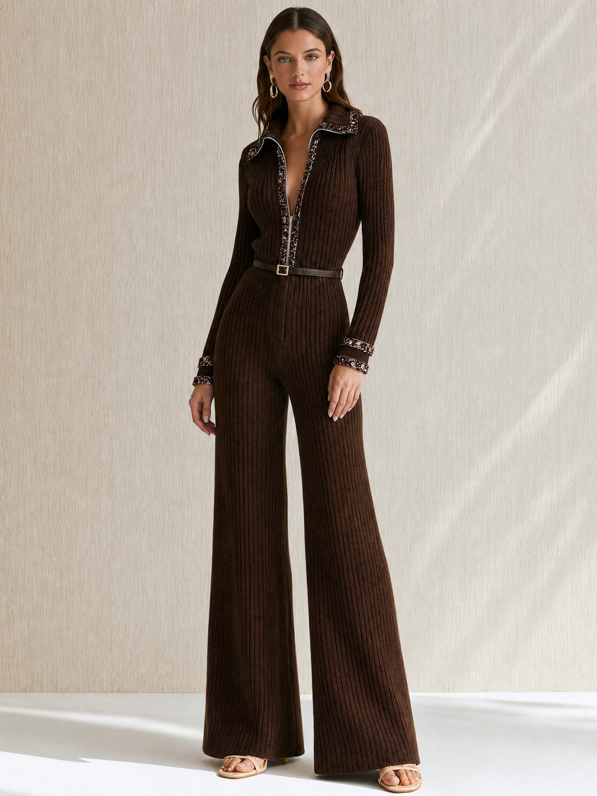 Ribbed Knit Zip‑Up Collar Long‑Sleeve Jumpsuit
