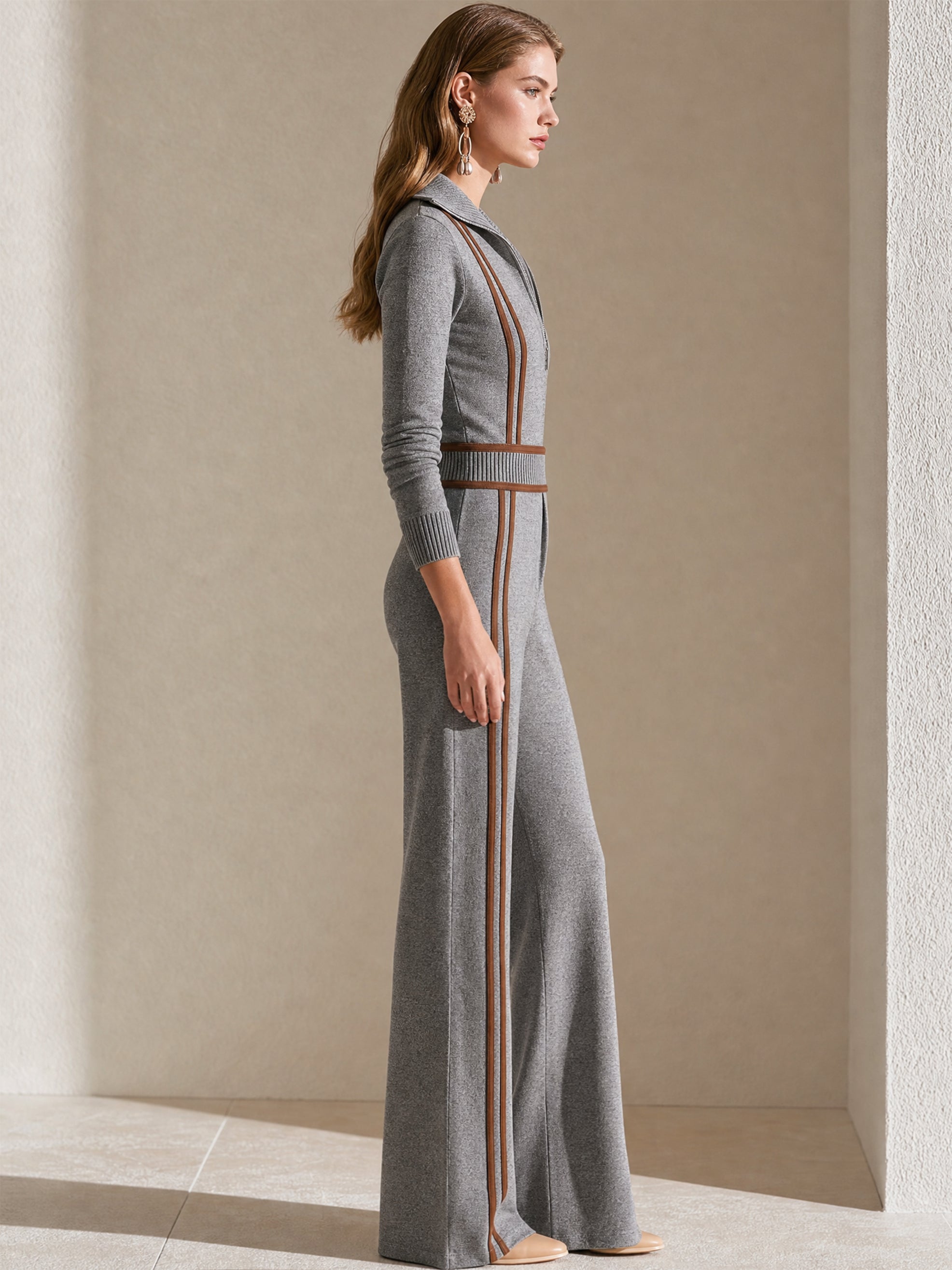 Long‑Sleeve Half‑Zip Stand Collar Wide‑Leg Jumpsuit