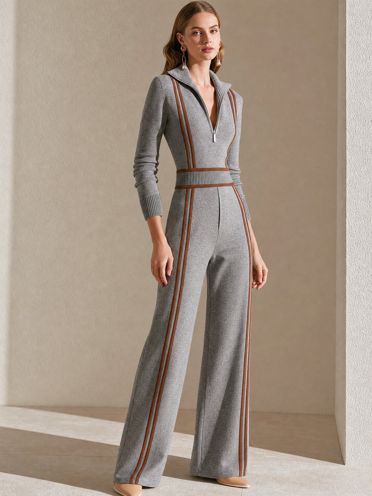 Long‑Sleeve Half‑Zip Stand Collar Wide‑Leg Jumpsuit