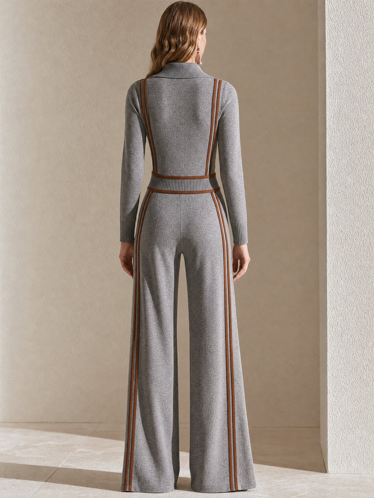 Long‑Sleeve Half‑Zip Stand Collar Wide‑Leg Jumpsuit