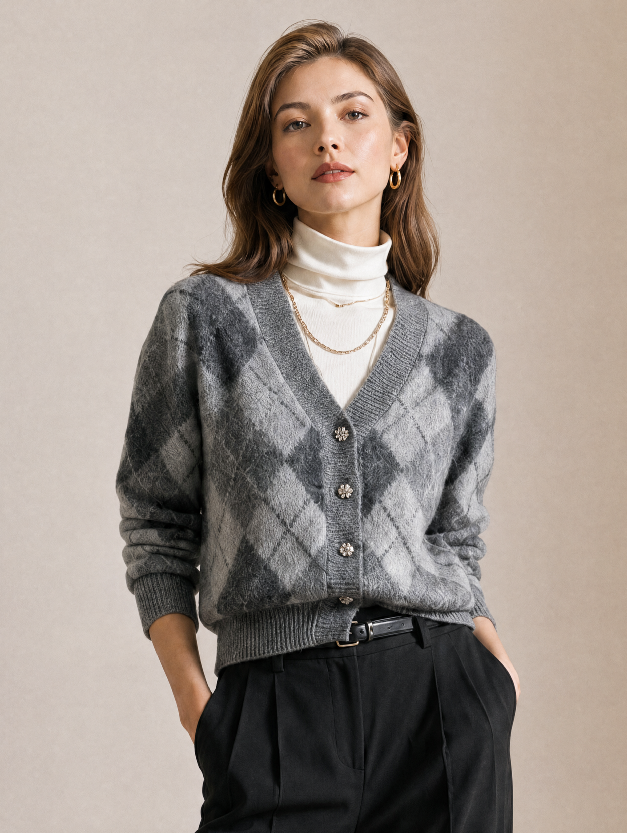 Grey Argyle V-Neck Button-Up Knit Cardigan With Rhinestone Buttons