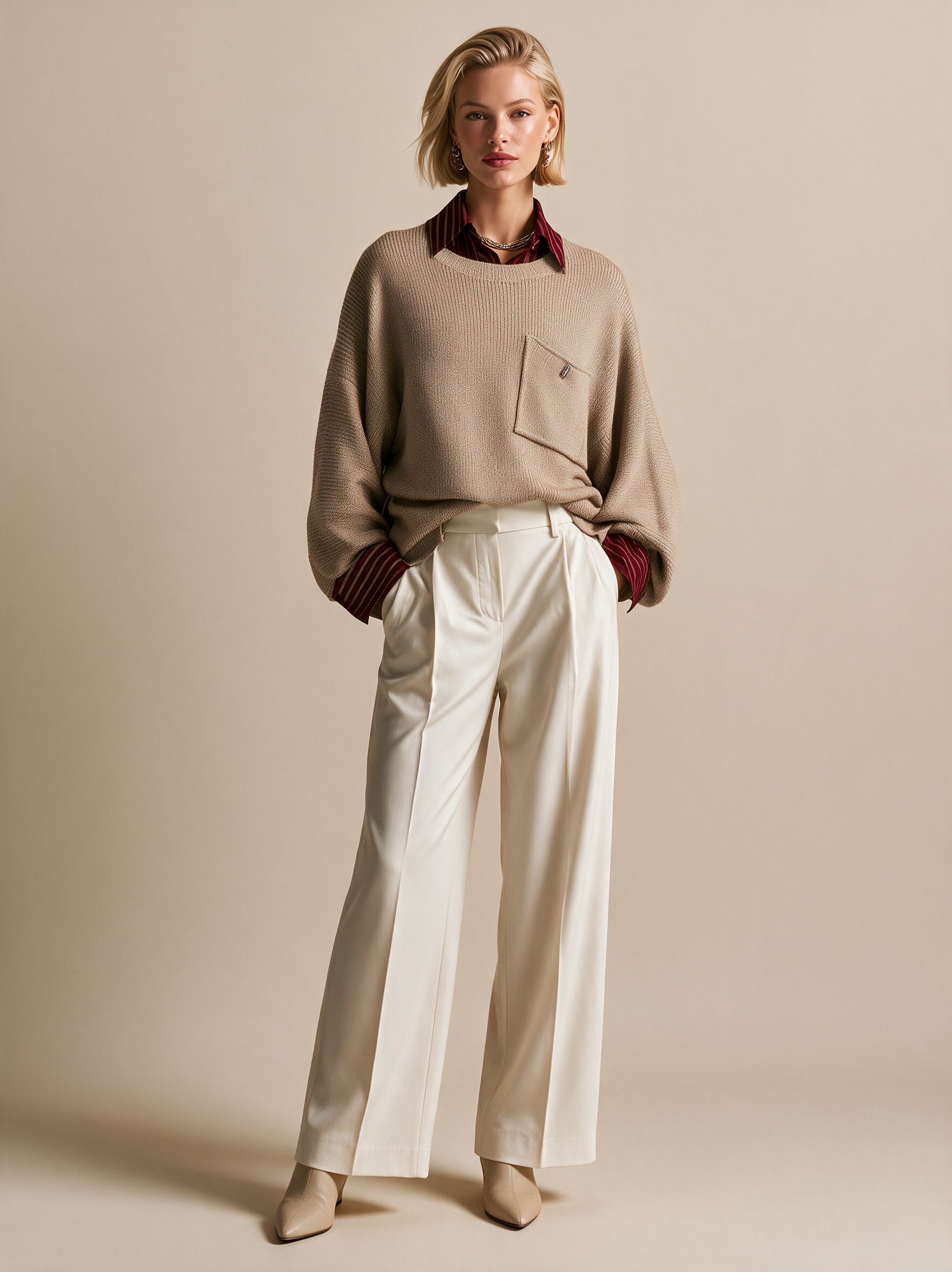Beige Oversized Knit Poncho Sweater With Chest Pocket