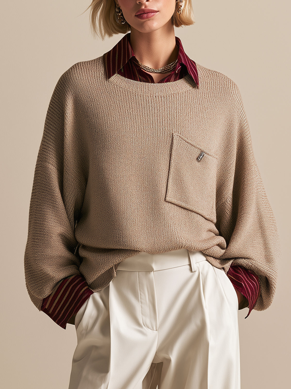 Beige Oversized Knit Poncho Sweater With Chest Pocket
