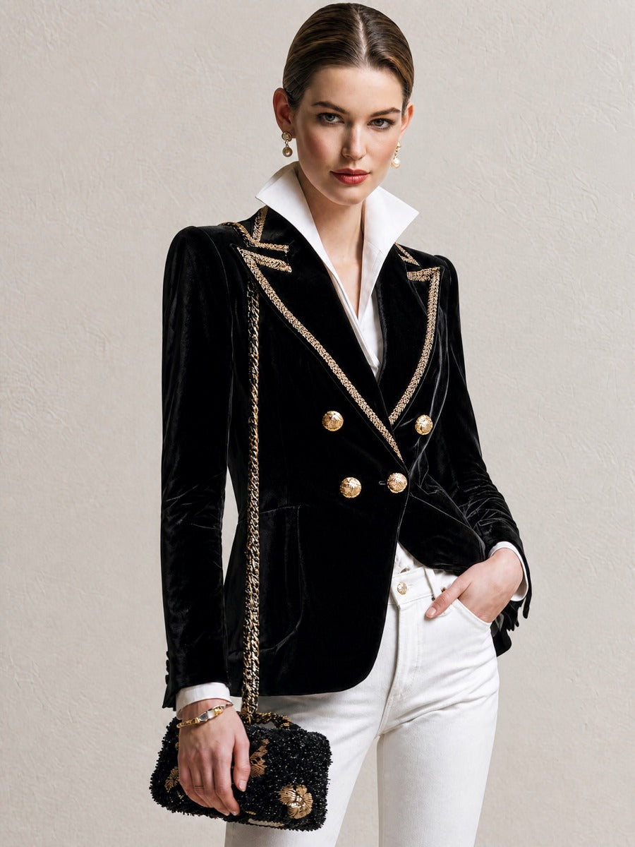 Black Velvet Gold‑Trim Double‑Breasted Waisted Blazer