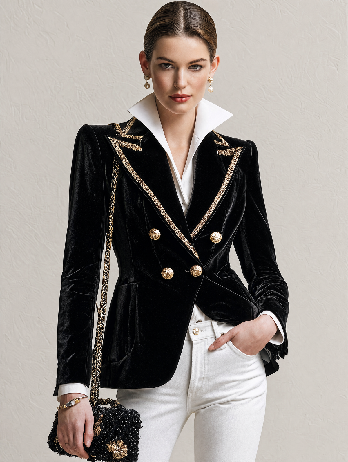 Black Velvet Gold‑Trim Double‑Breasted Waisted Blazer