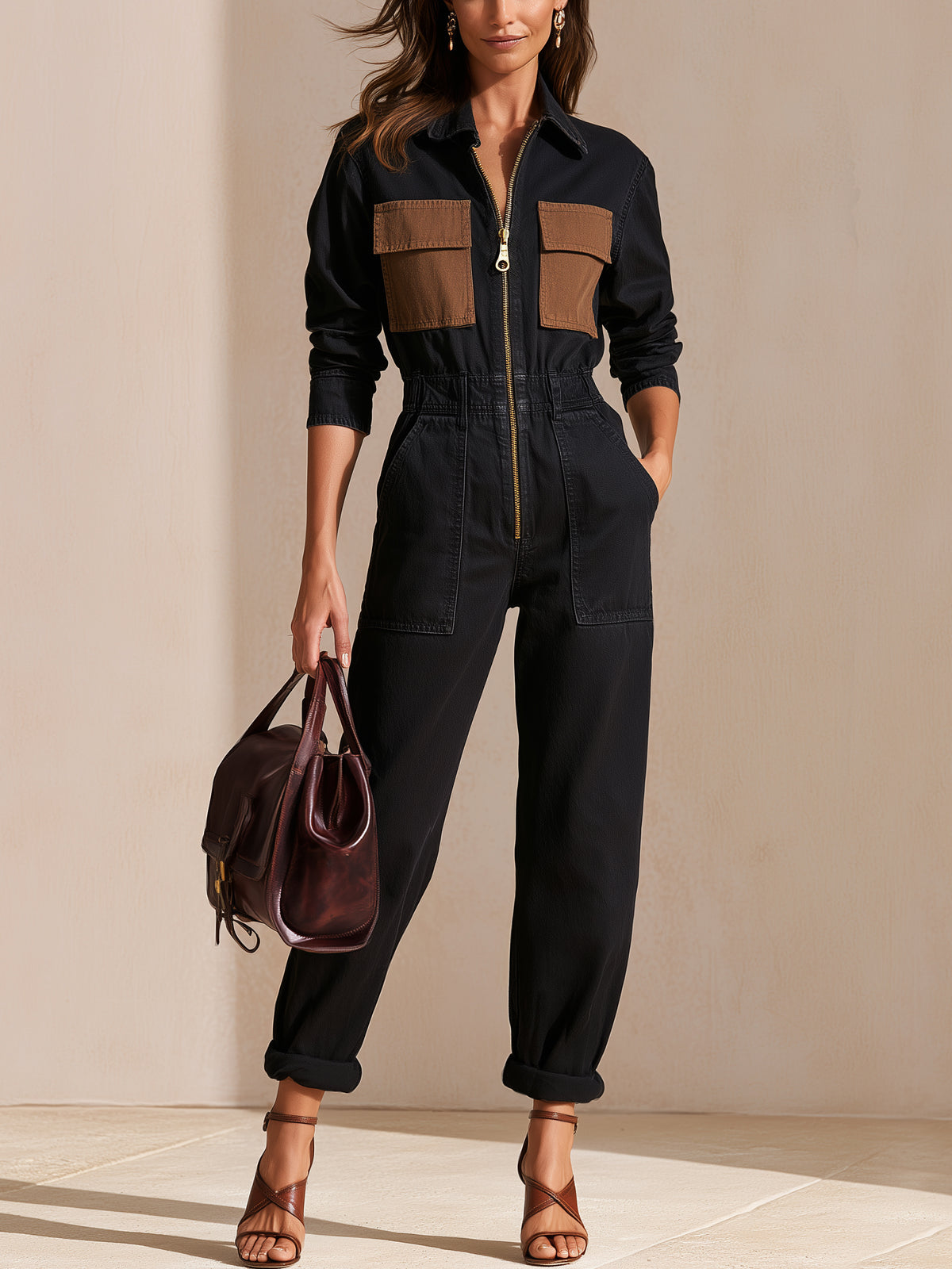 Black Contrast‑Brown Utility Jumpsuit
