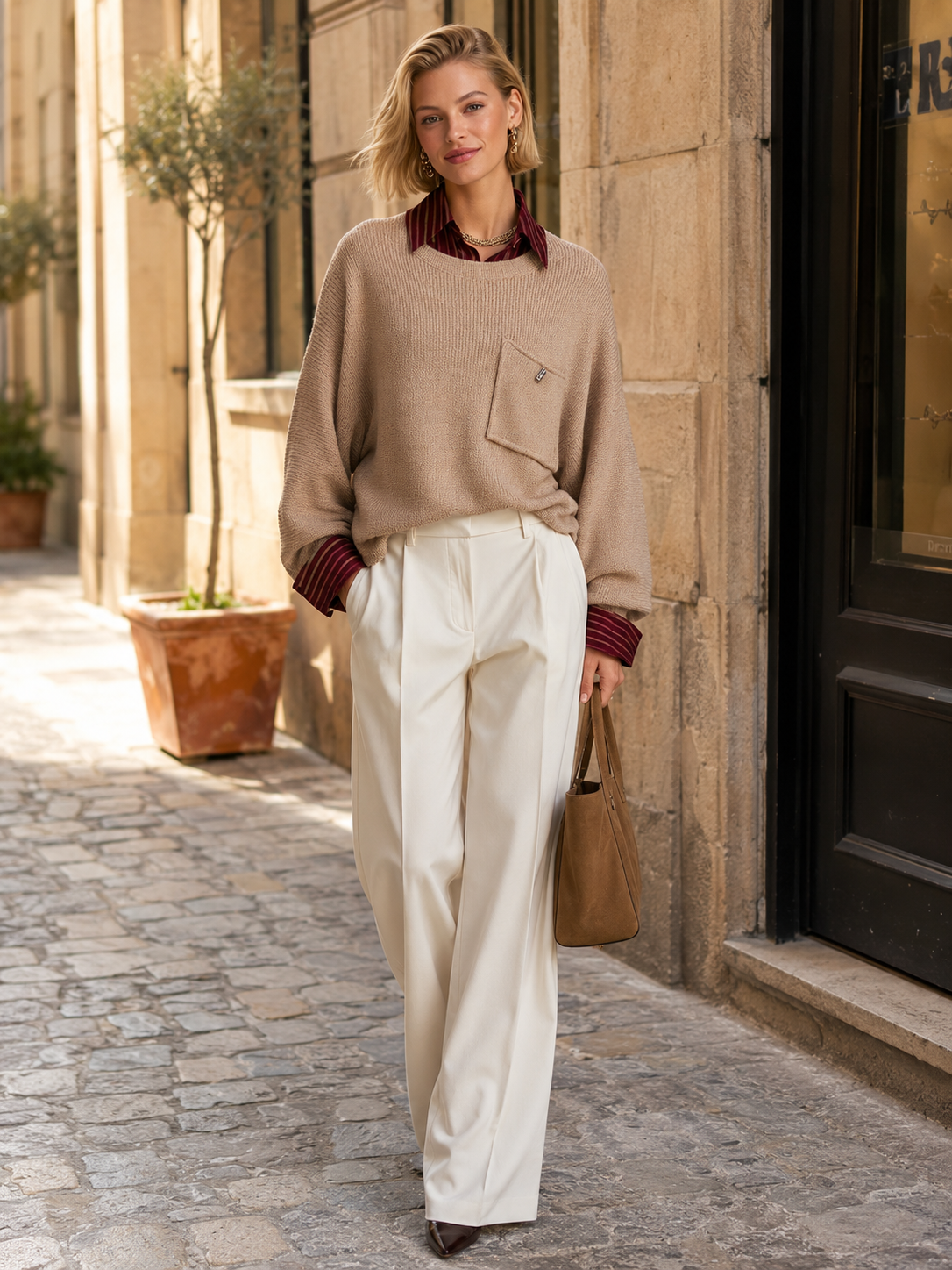 Beige Oversized Knit Poncho Sweater With Chest Pocket