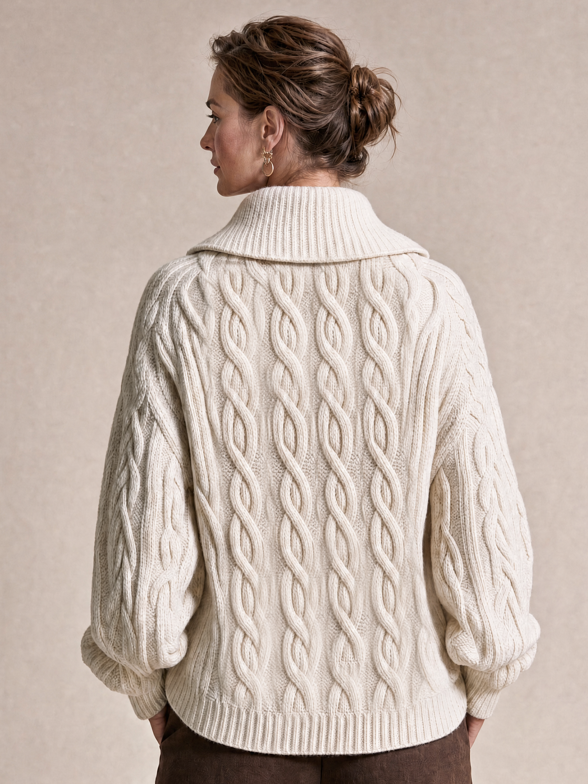 Elegant Ivory Cable-Knit Shawl Collar Cardigan