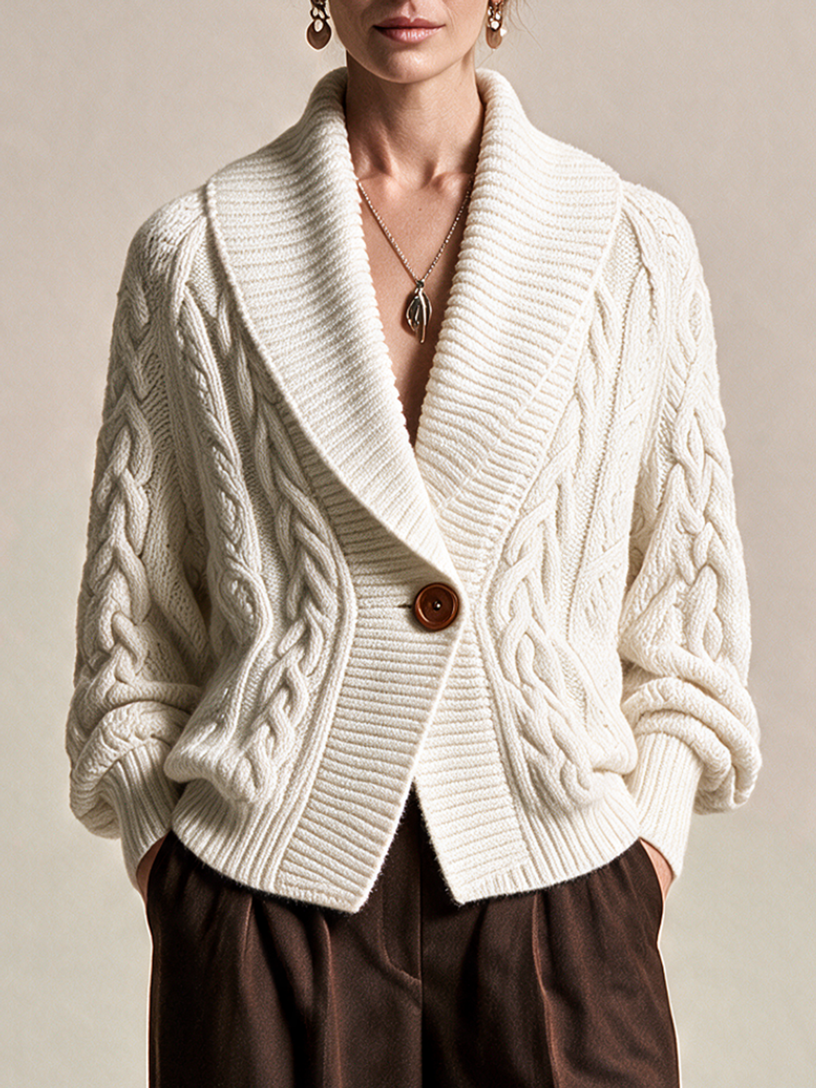 Elegant Ivory Cable-Knit Shawl Collar Cardigan