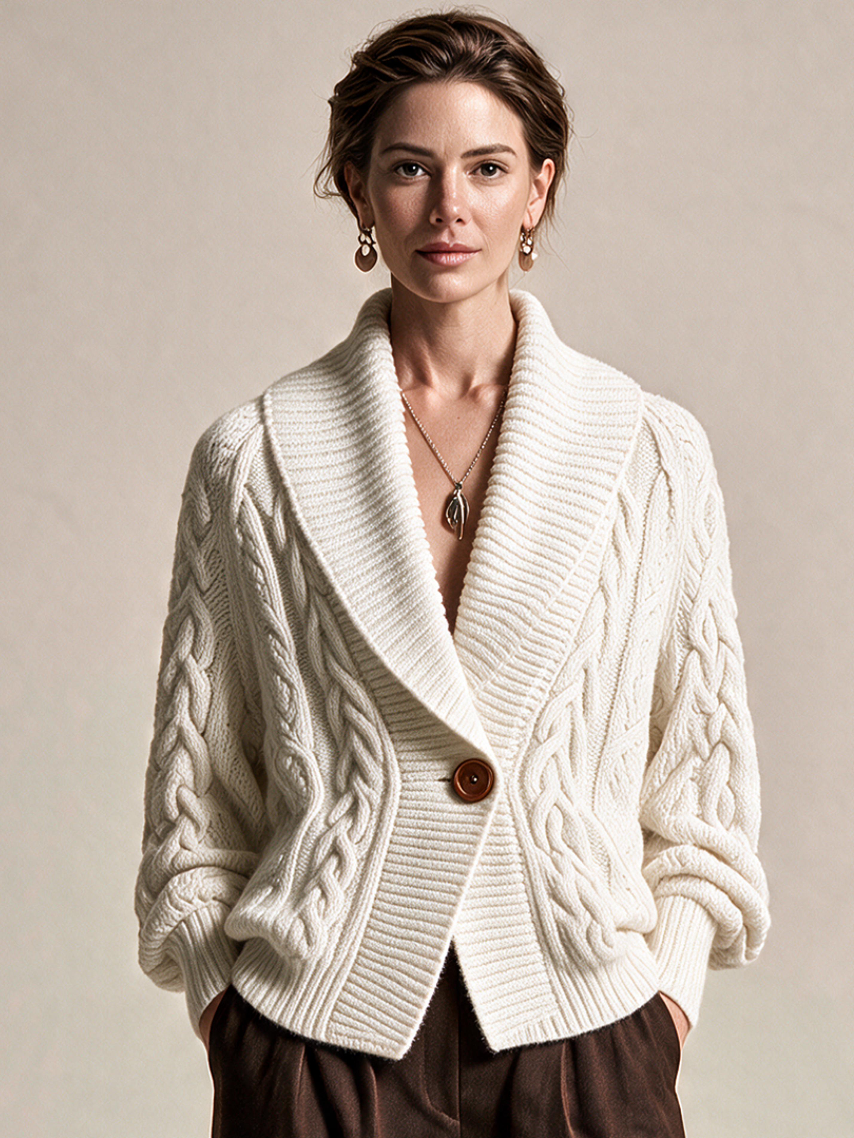 Elegant Ivory Cable-Knit Shawl Collar Cardigan