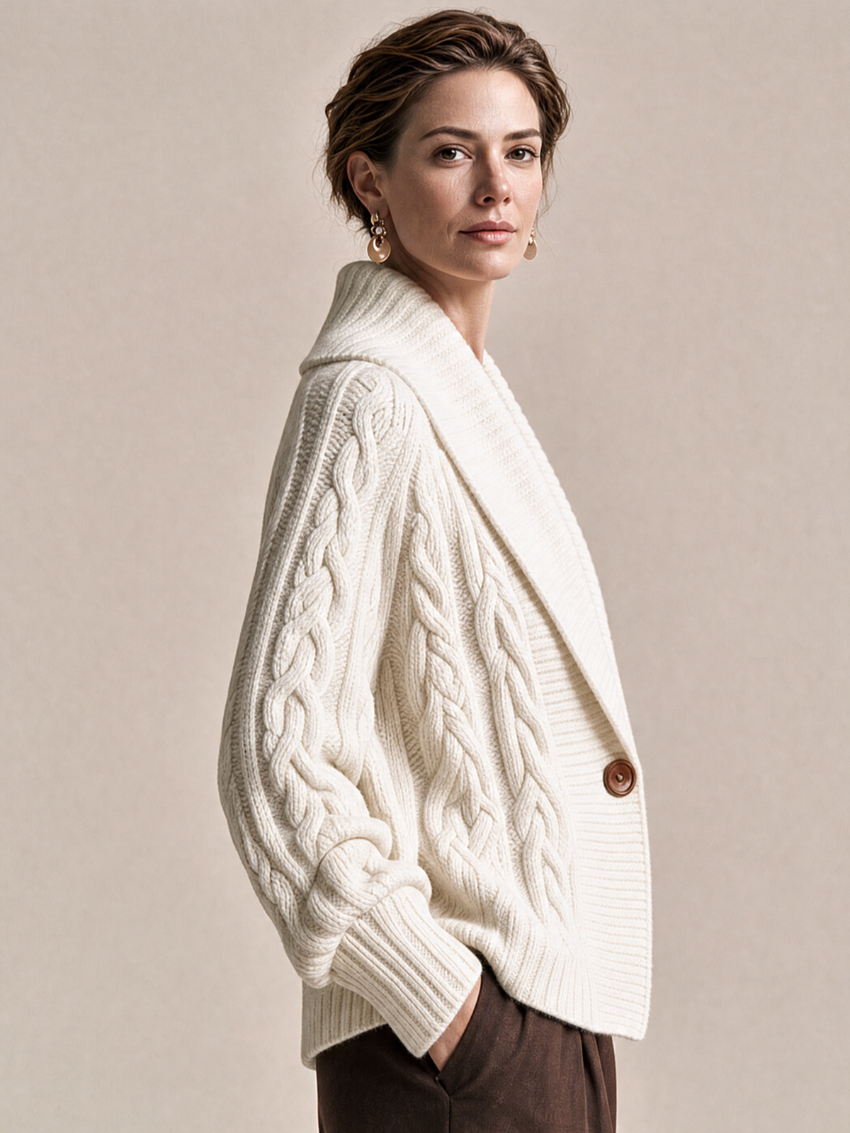 Elegant Ivory Cable-Knit Shawl Collar Cardigan