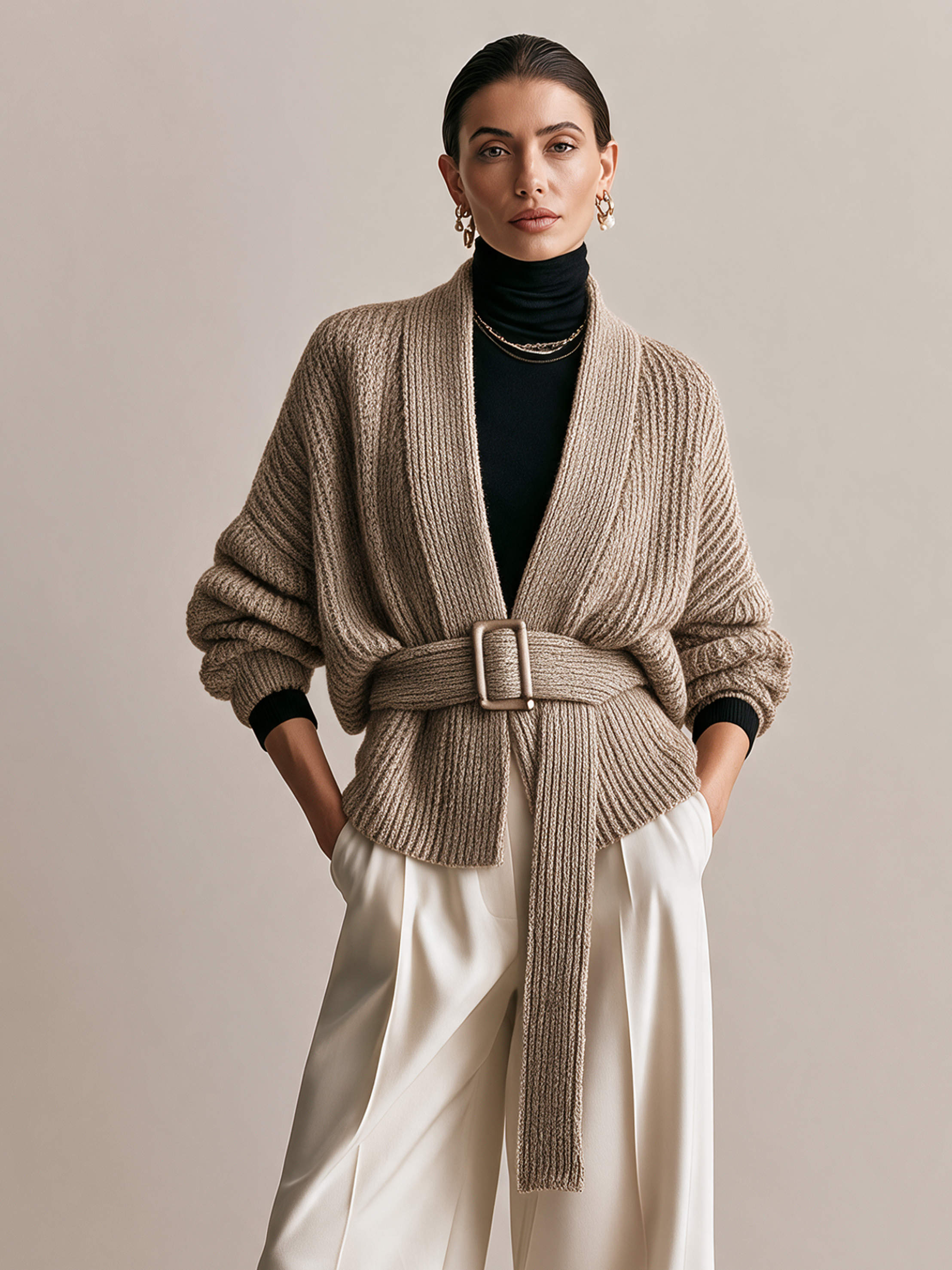 Elegant Taupe Ribbed Belted Cardigan