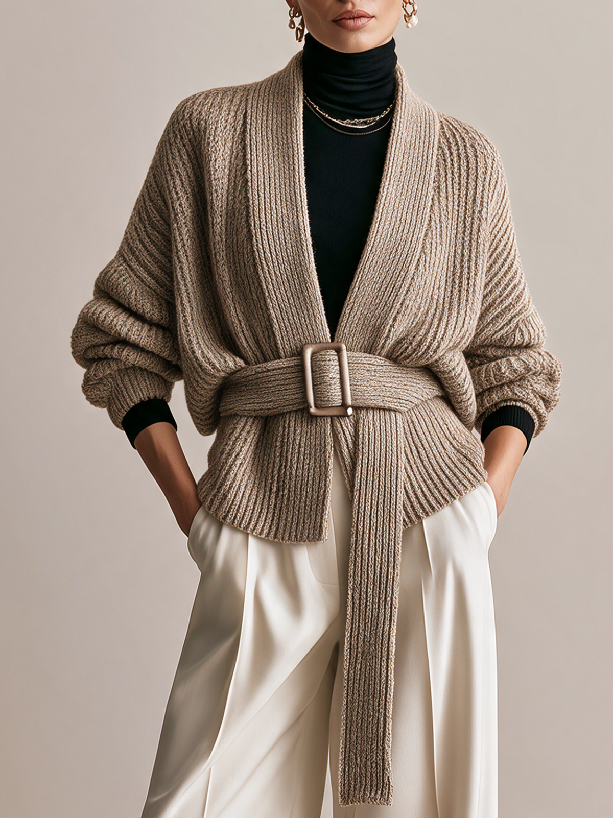 Elegant Taupe Ribbed Belted Cardigan