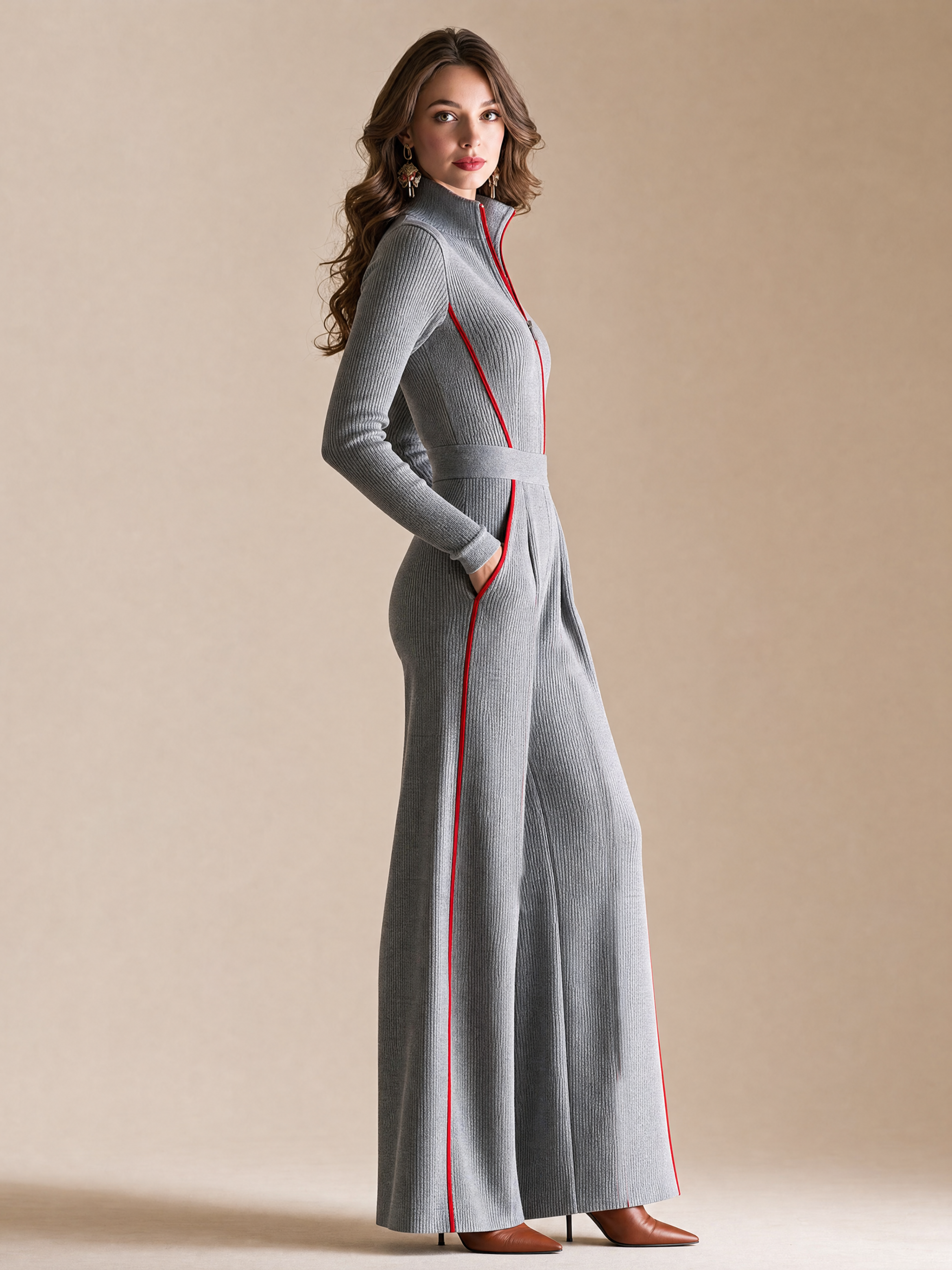 Elegant Grey & Red Contrast Trim Knit Jumpsuit