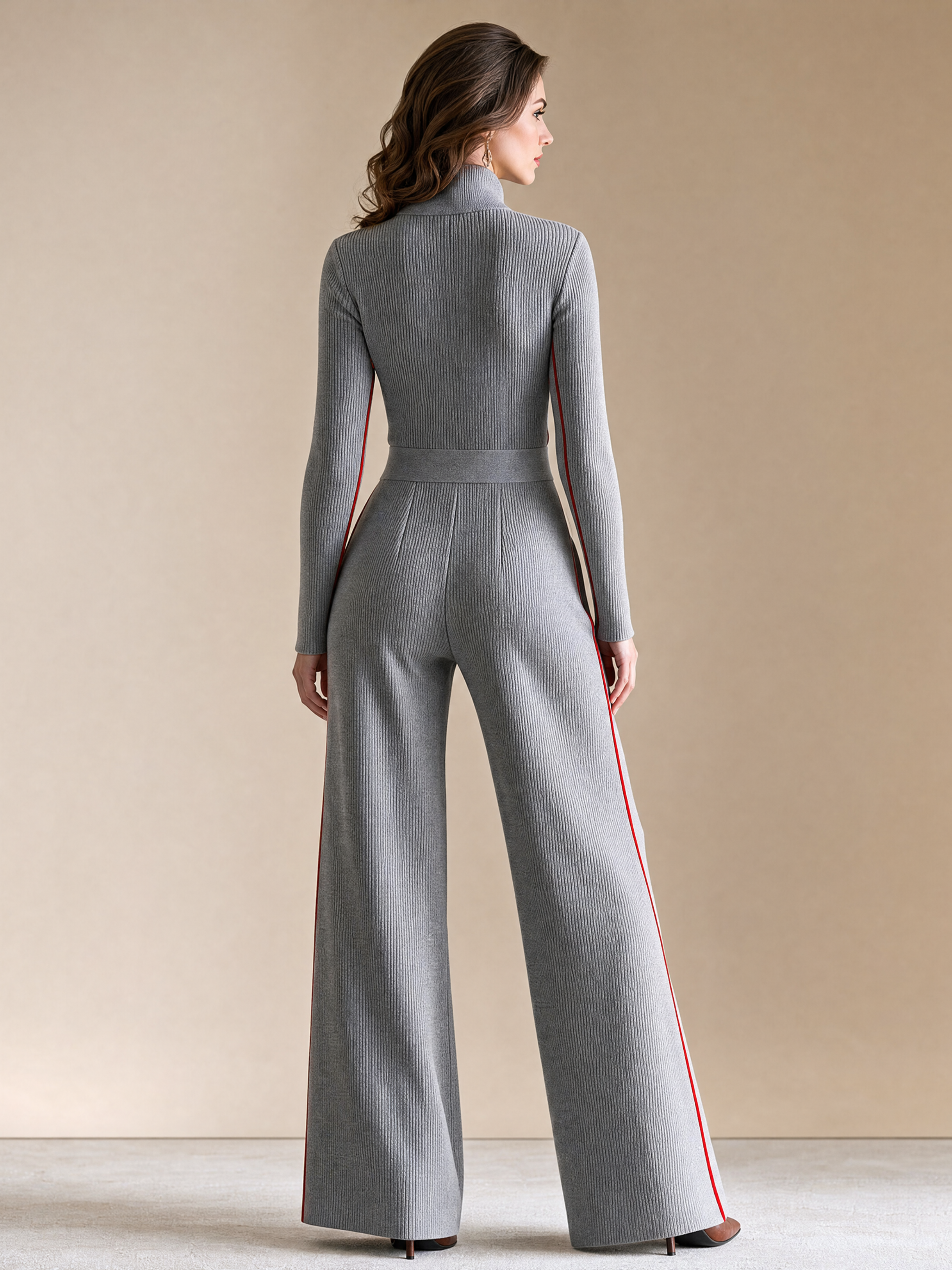 Elegant Grey & Red Contrast Trim Knit Jumpsuit