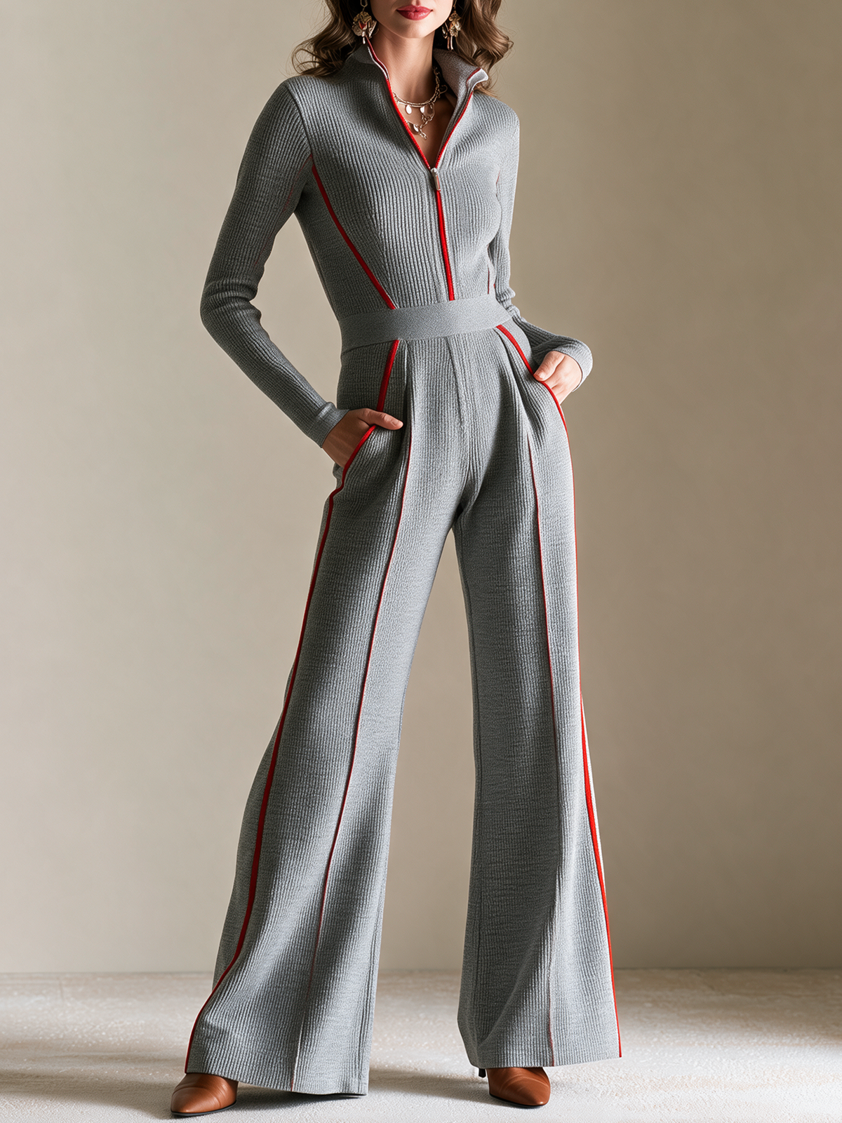 Elegant Grey & Red Contrast Trim Knit Jumpsuit