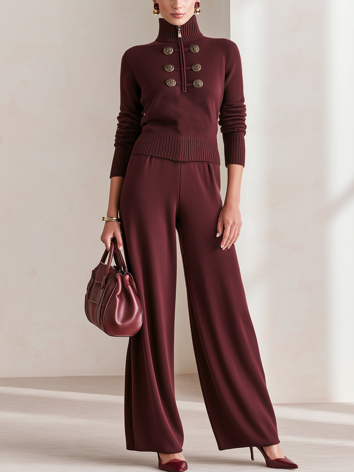 Burgundy Half‑Zip Turtleneck Knit Wide‑Leg Pant Two‑Piece Set