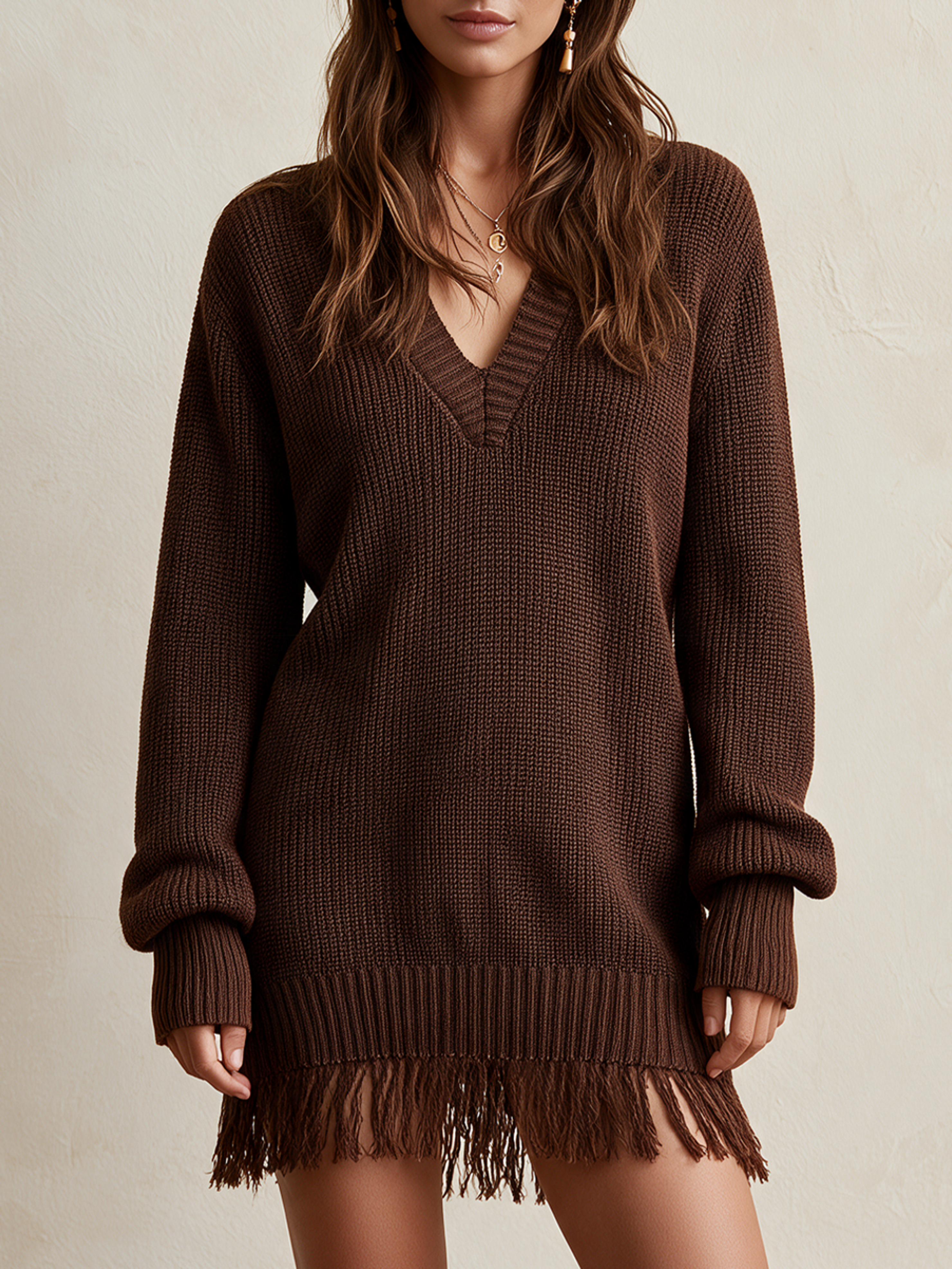 Elegant Chocolate Brown V-Neck Fringe Knit Dress