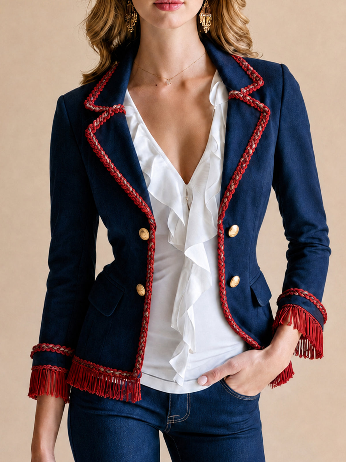 Navy Military-Inspired Blazer Jacket With Red Braided Trim And Fringe Cuffs